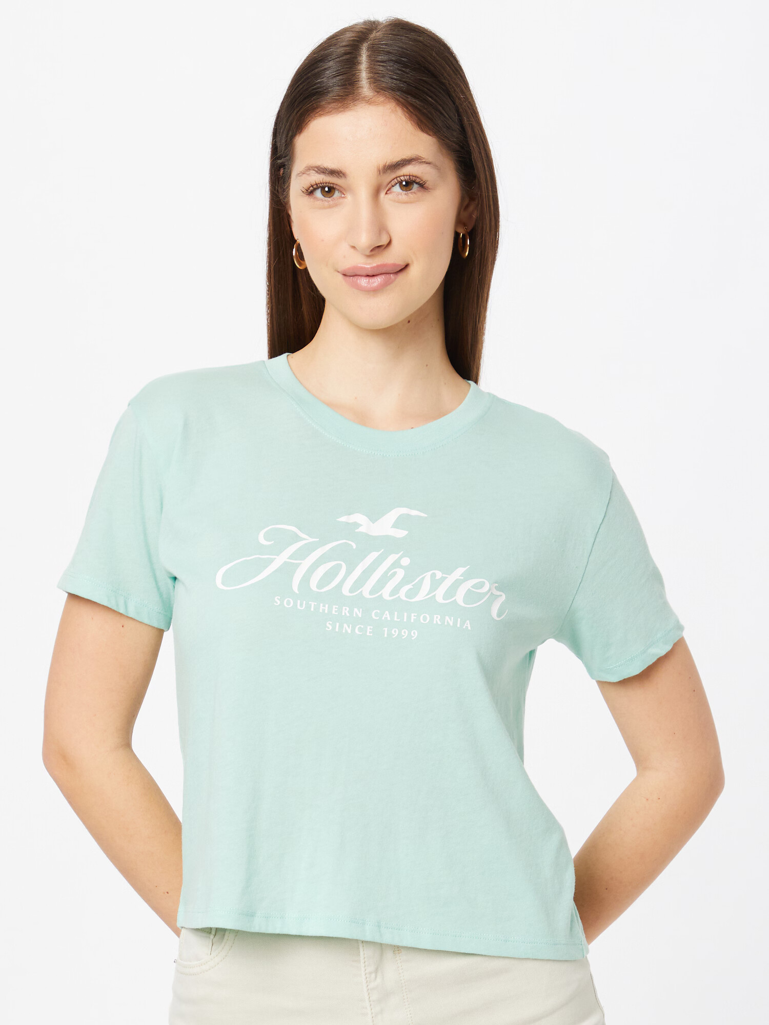 HOLLISTER Tricou verde pastel / alb - Pled.ro