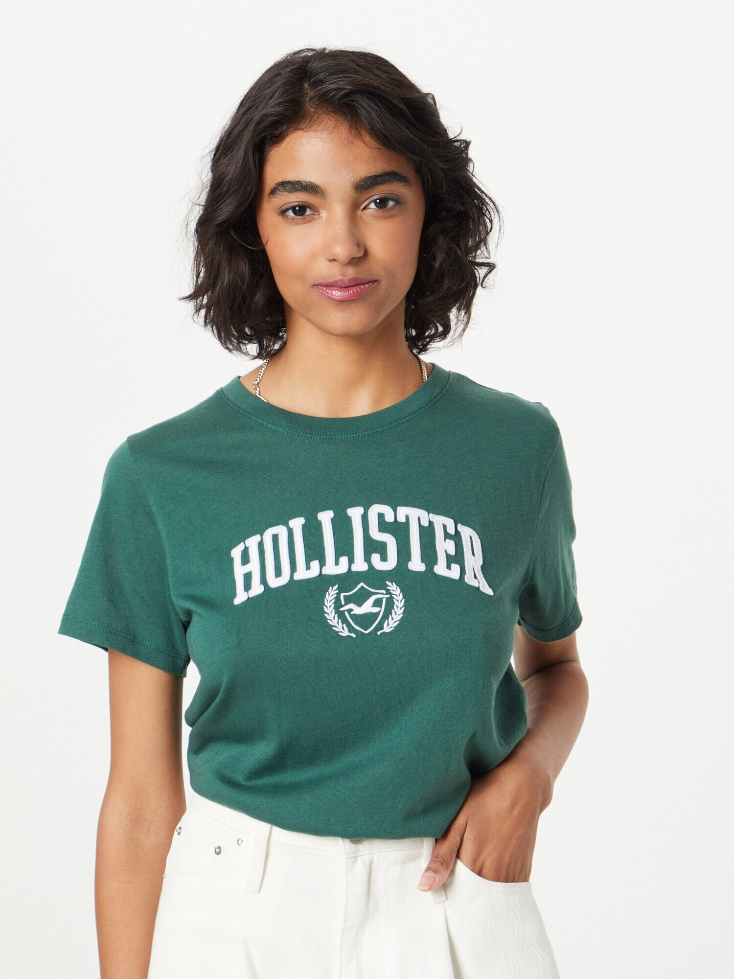 HOLLISTER Tricou verde smarald / alb - Pled.ro