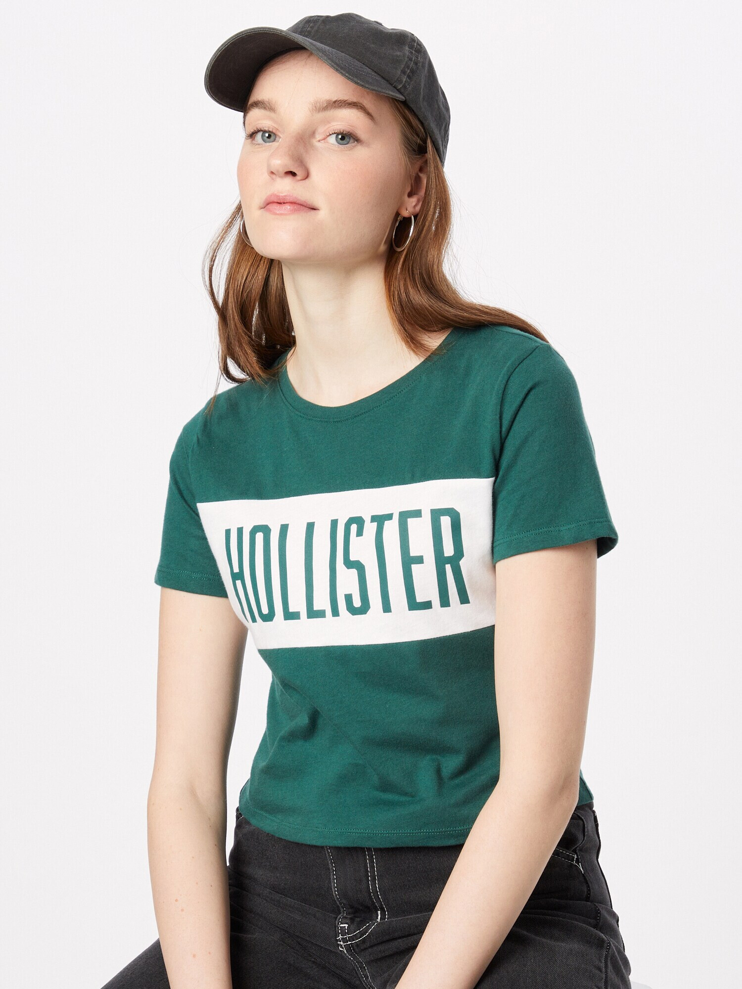 HOLLISTER Tricou verde smarald / alb - Pled.ro