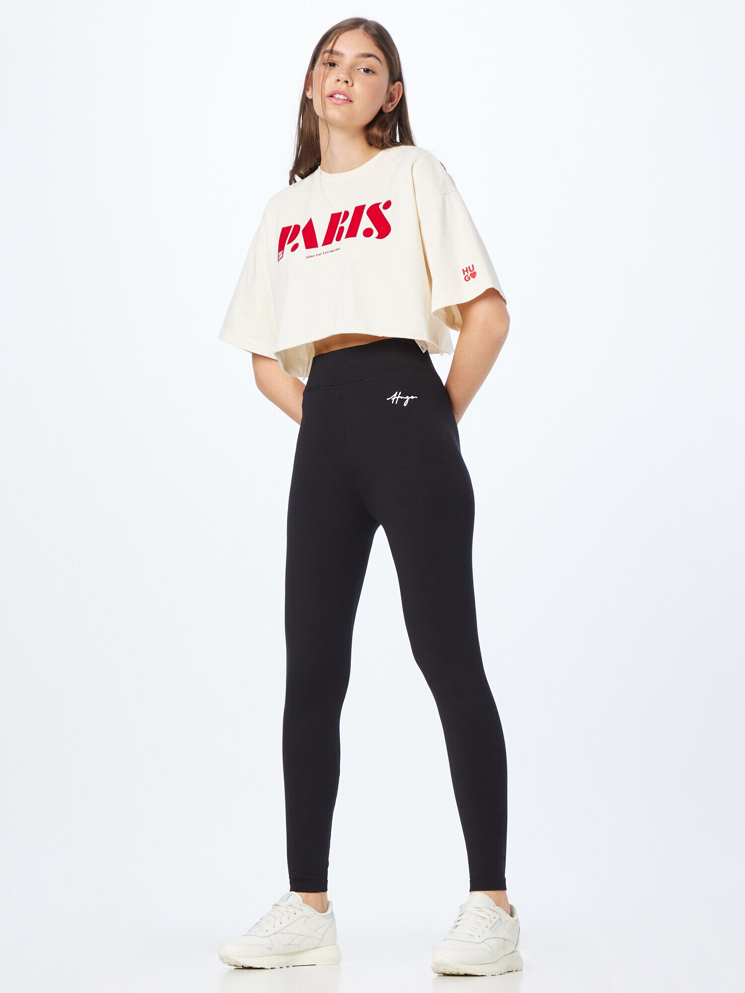 HUGO Leggings 'Easy' negru / alb - Pled.ro