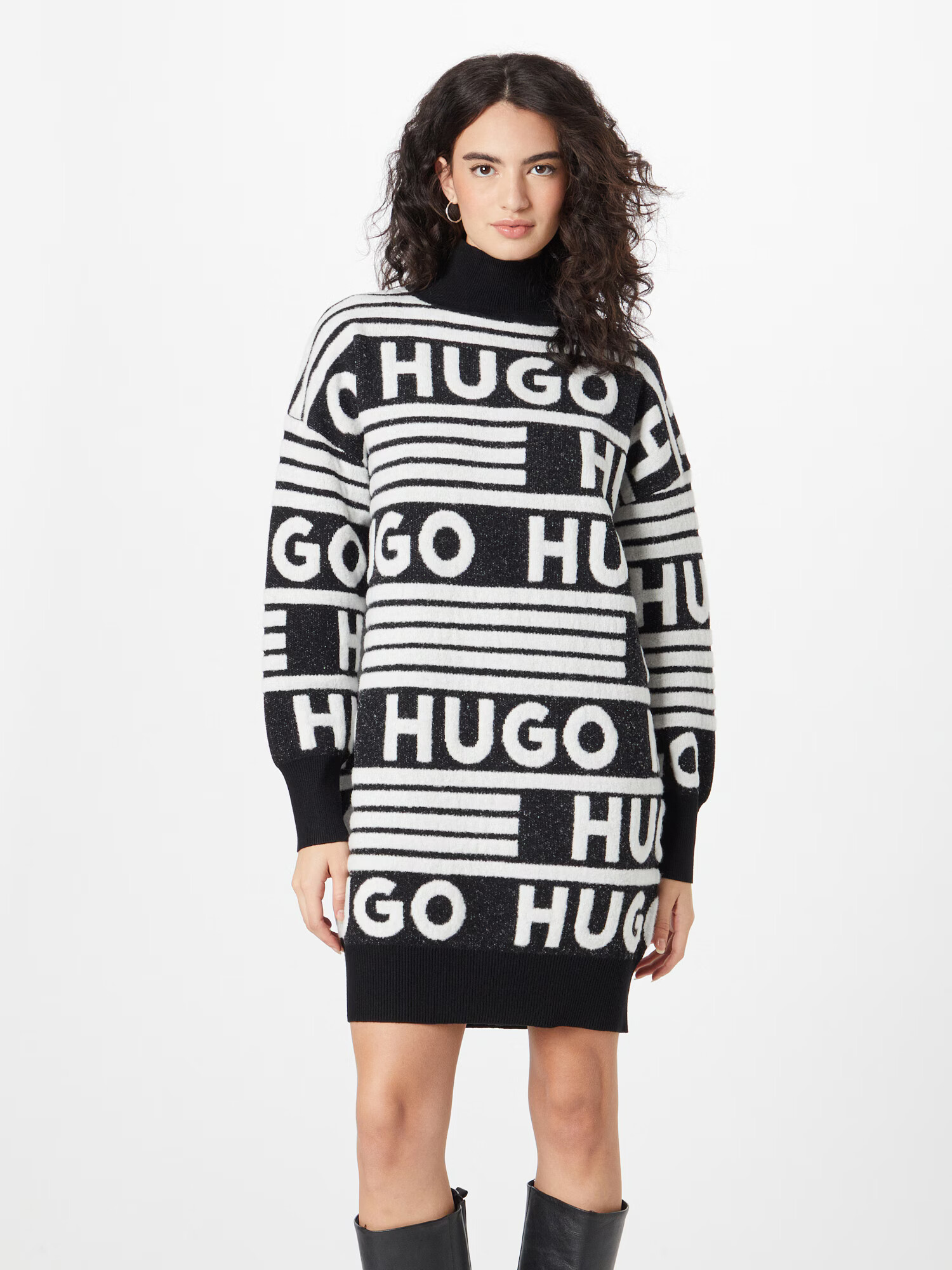 HUGO Rochie tricotat 'Sisminy' negru / alb - Pled.ro