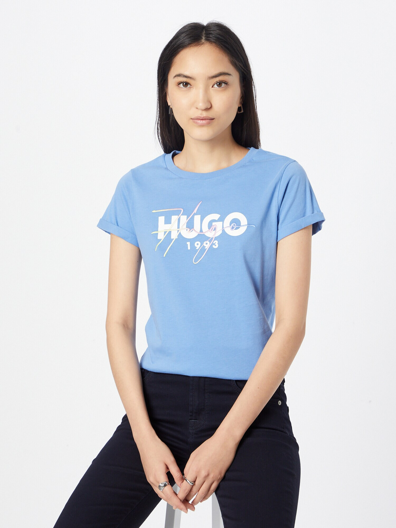 HUGO Tricou albastru deschis / alb - Pled.ro