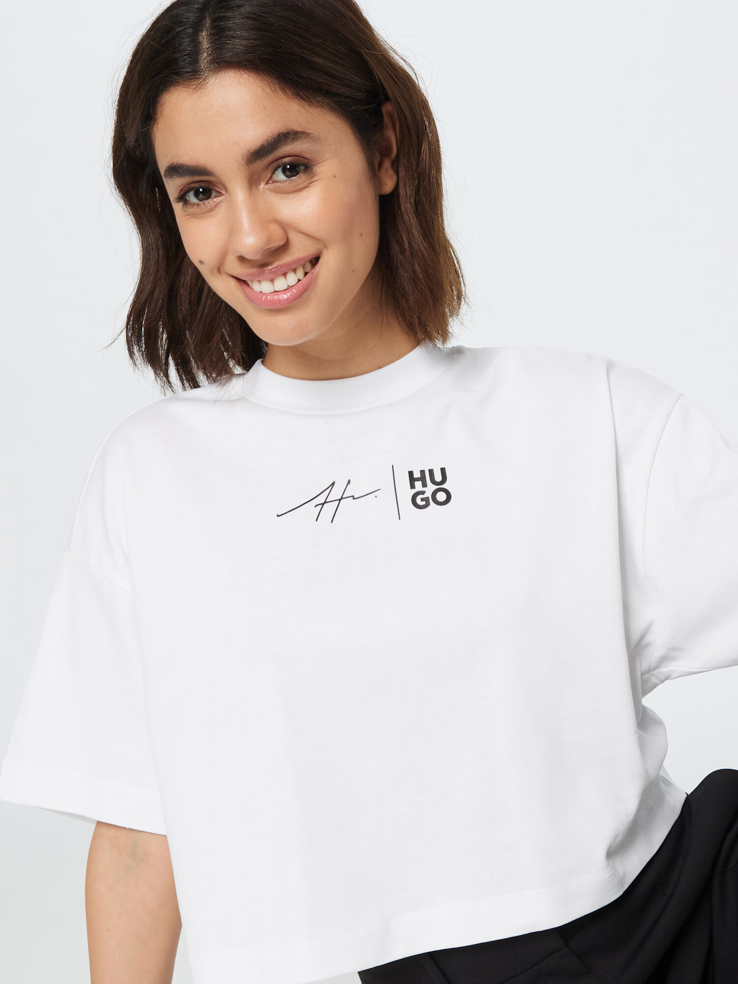 HUGO Tricou 'Cropped Tee' negru / alb - Pled.ro