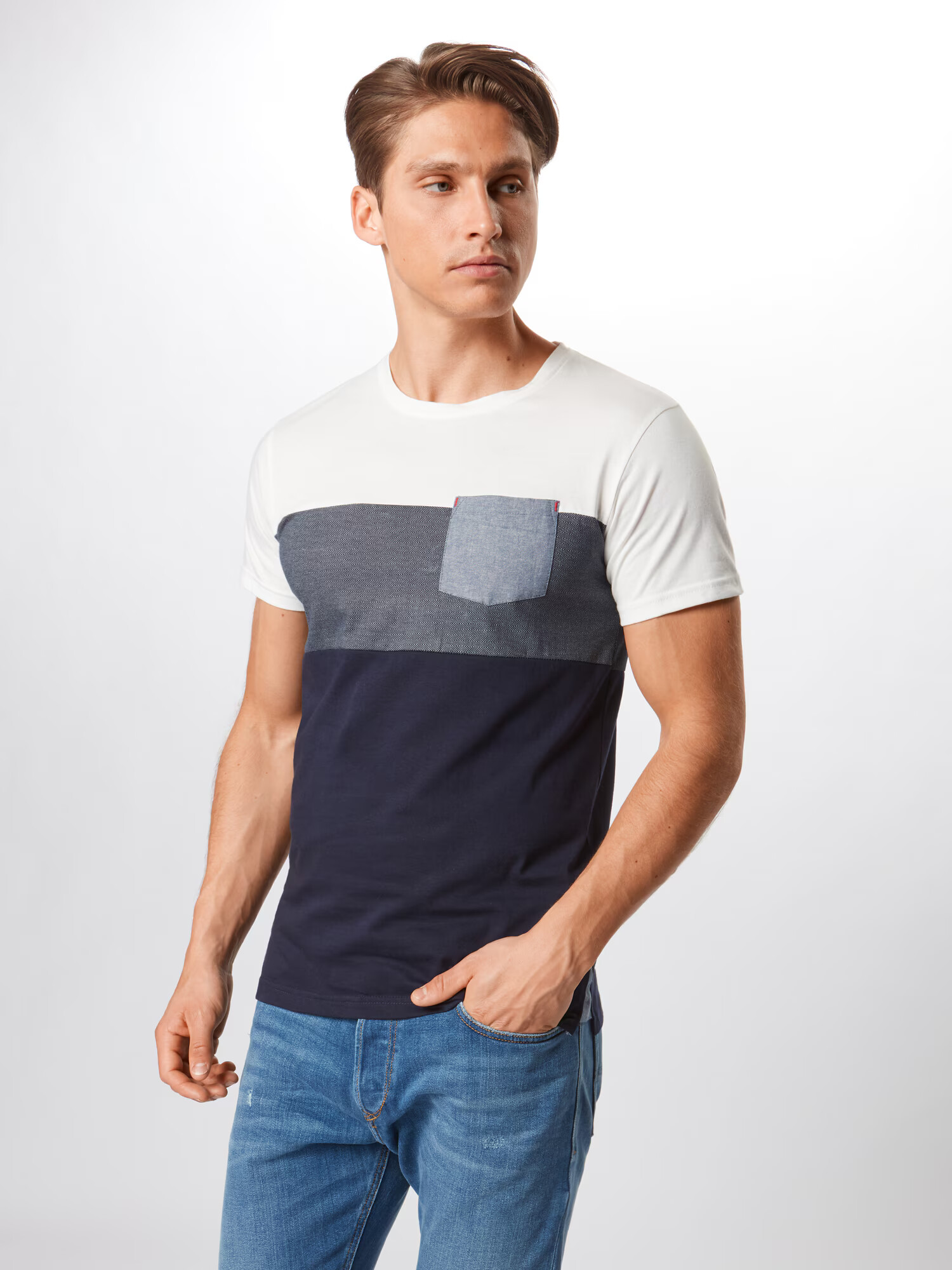 INDICODE JEANS Tricou 'Clemens' albastru închis / alb - Pled.ro