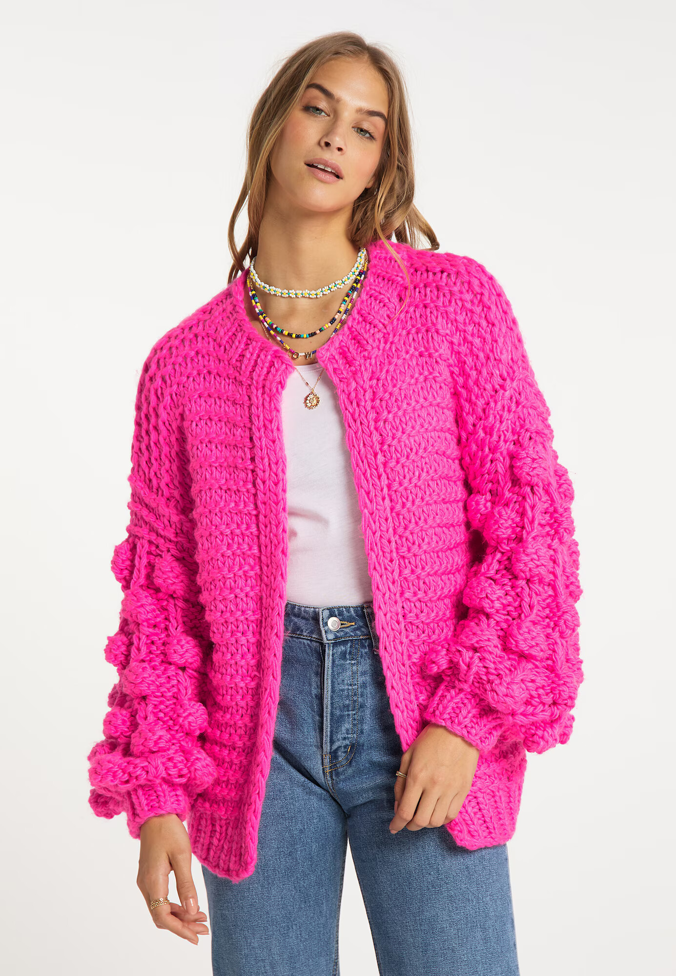 IZIA Cardigan dimensiuni mari roz neon - Pled.ro