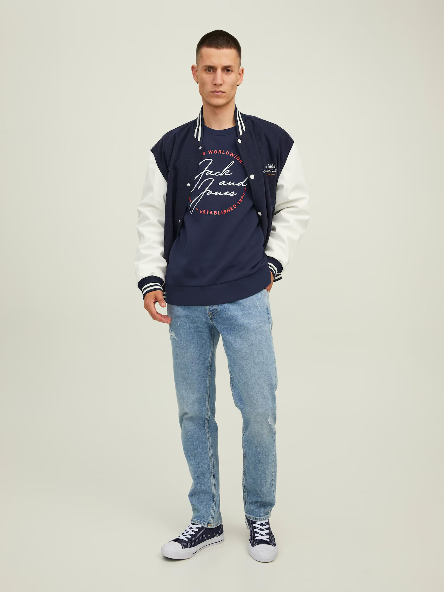 JACK & JONES Bluză de molton 'JERRY' bleumarin / roșu / alb - Pled.ro