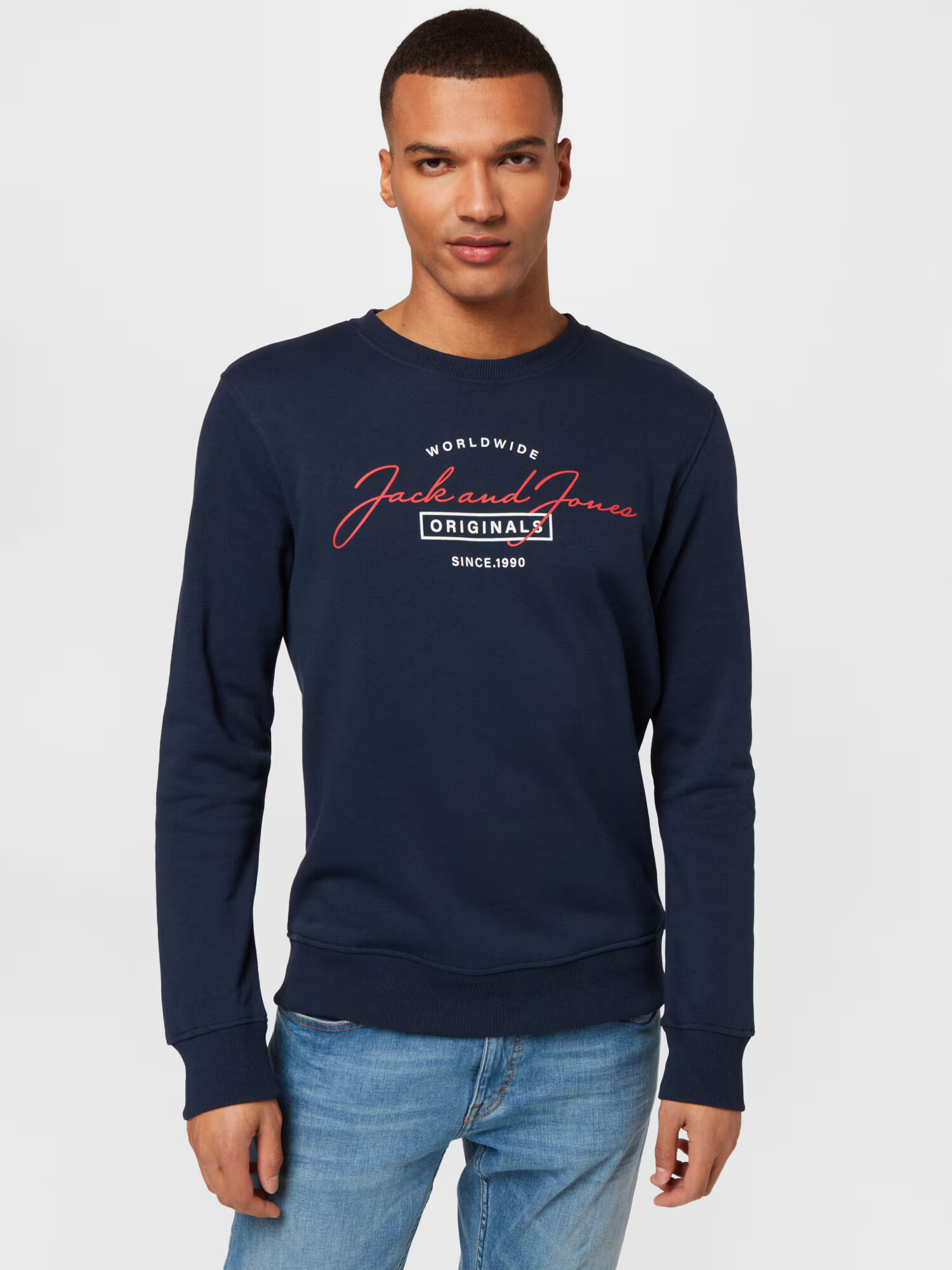 JACK & JONES Bluză de molton 'JORFERRY SWEAT CREW NECK FST' bleumarin / roșu / alb - Pled.ro