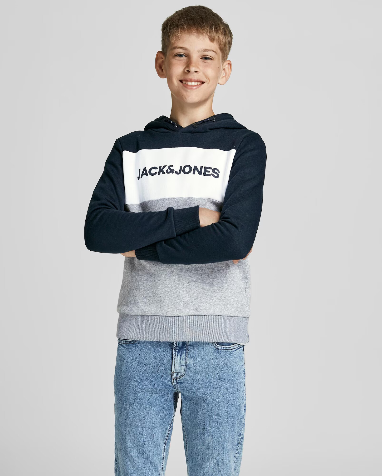 Jack & Jones Junior Bluză de molton bleumarin / gri amestecat / alb - Pled.ro