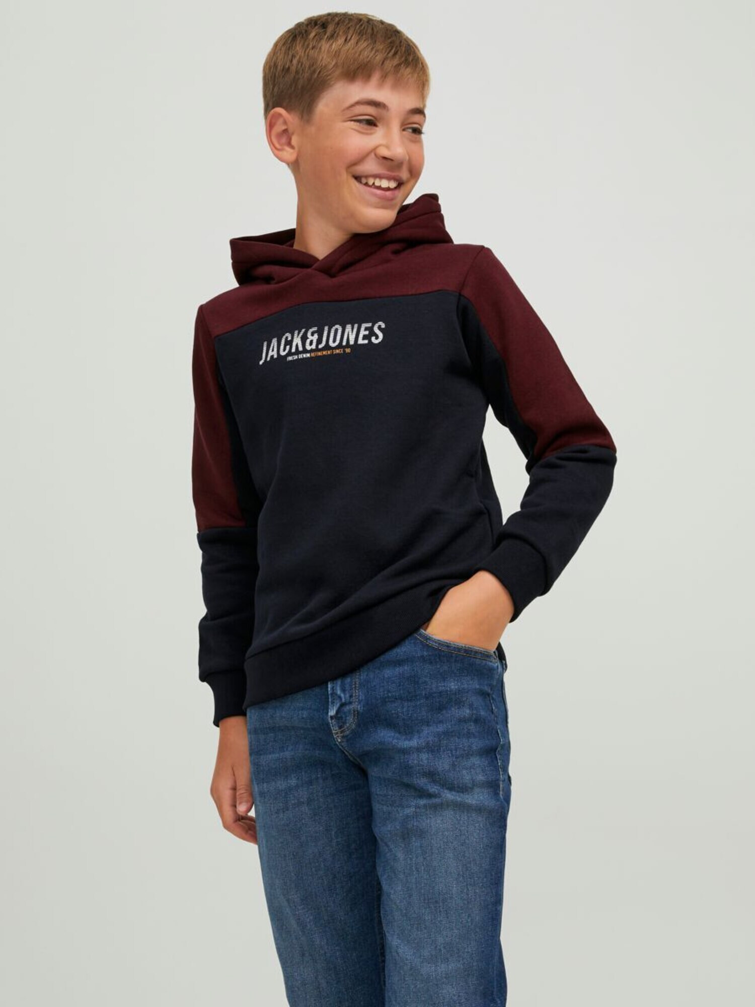 Jack & Jones Junior Bluză de molton 'Dan' bleumarin / roșu vin / alb - Pled.ro