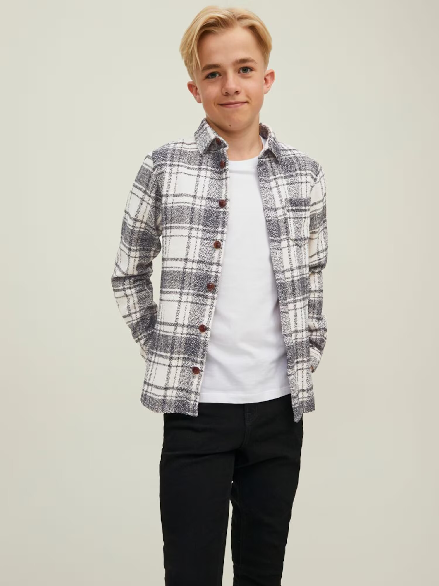 Jack & Jones Junior Cămașă 'LOGAN' negru amestecat / alb lână - Pled.ro