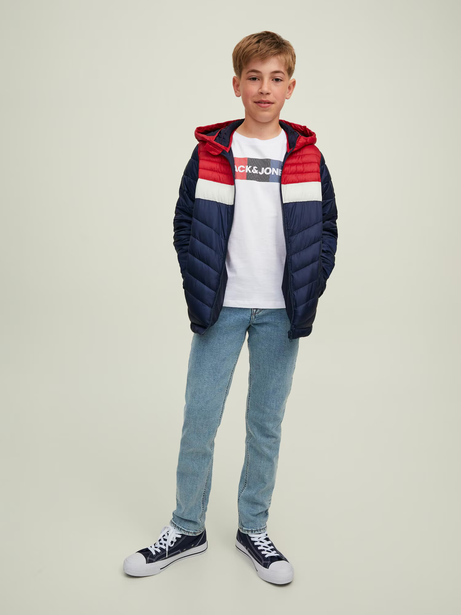 Jack & Jones Junior Geacă de primăvară-toamnă 'Hero' albastru / roșu / alb - Pled.ro