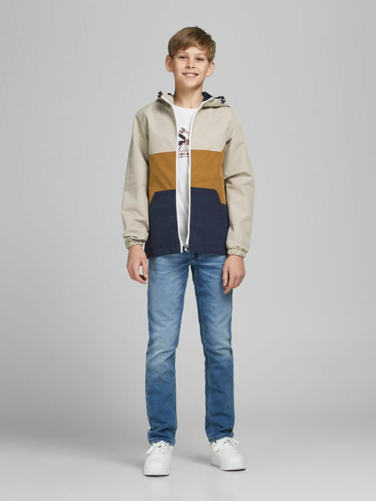 Jack & Jones Junior Geacă de primăvară-toamnă bej / bleumarin / maro coniac - Pled.ro