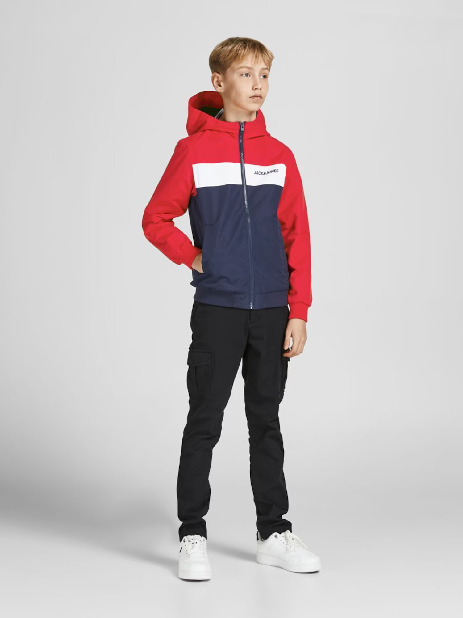 Jack & Jones Junior Geacă de primăvară-toamnă 'Rush' albastru noapte / roșu / alb - Pled.ro