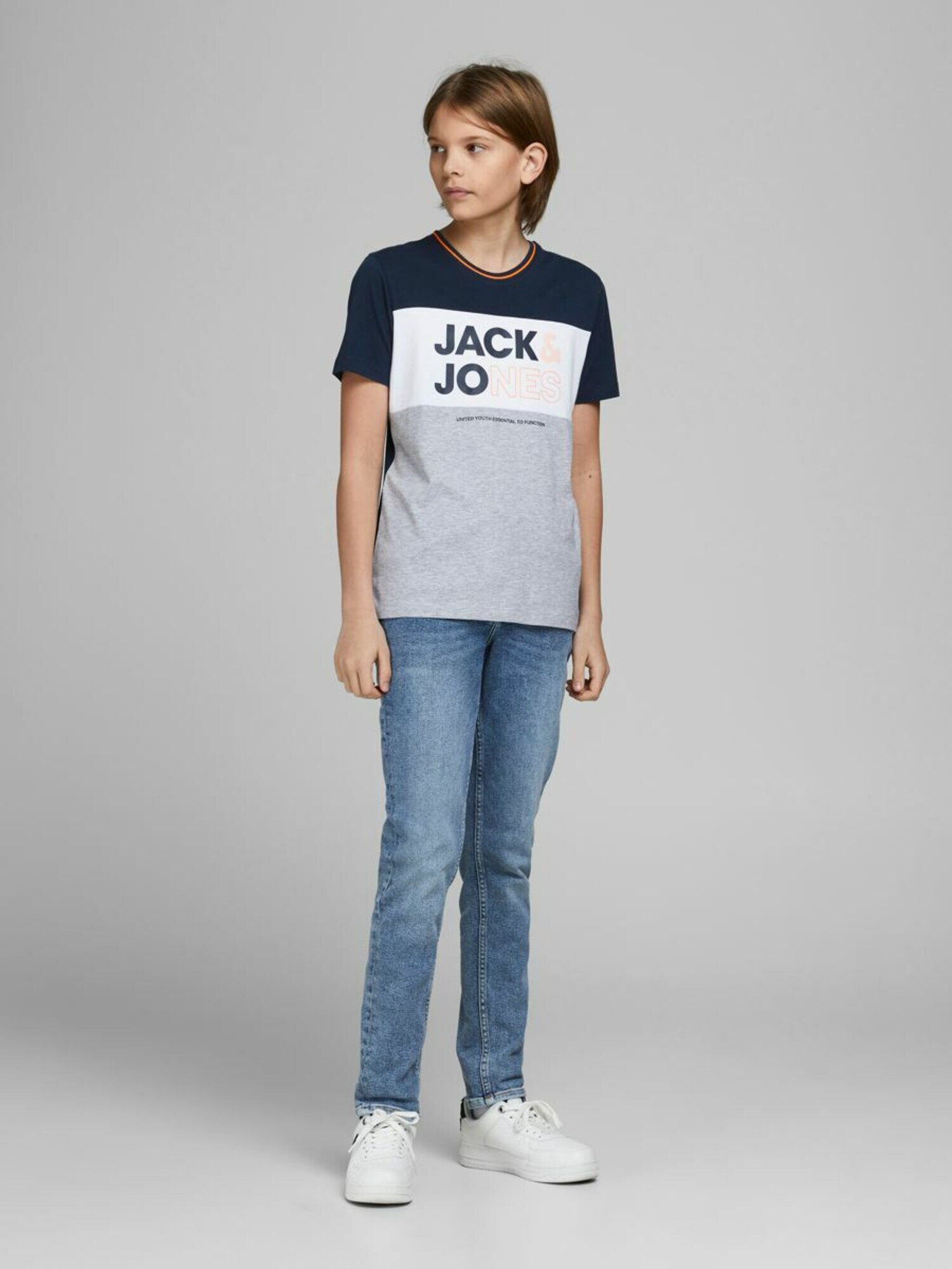 Jack & Jones Junior Tricou albastru marin / gri amestecat / portocaliu - Pled.ro