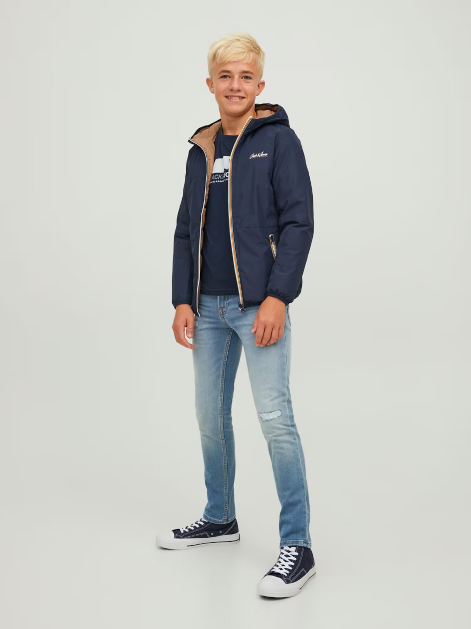 Jack & Jones Junior Tricou bleumarin / gri / alb - Pled.ro