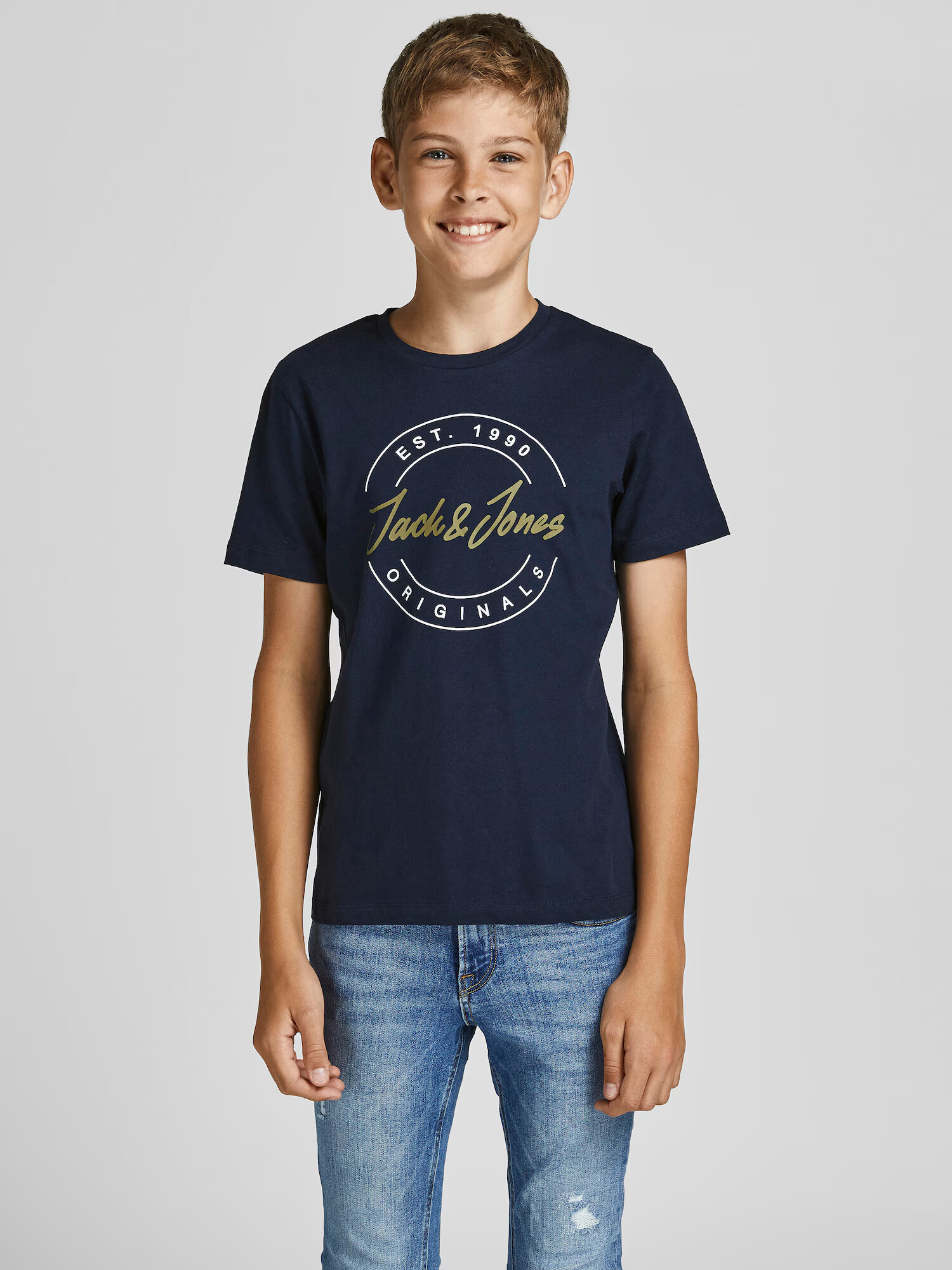 Jack & Jones Junior Tricou 'Jerry' albastru închis / verde kiwi / alb - Pled.ro