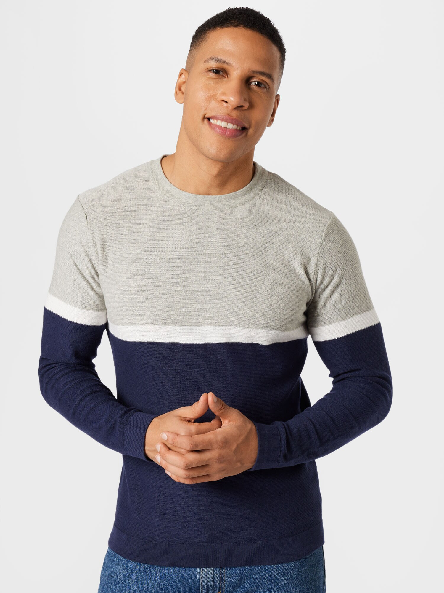 JACK & JONES Pulover bleumarin / gri deschis / alb - Pled.ro