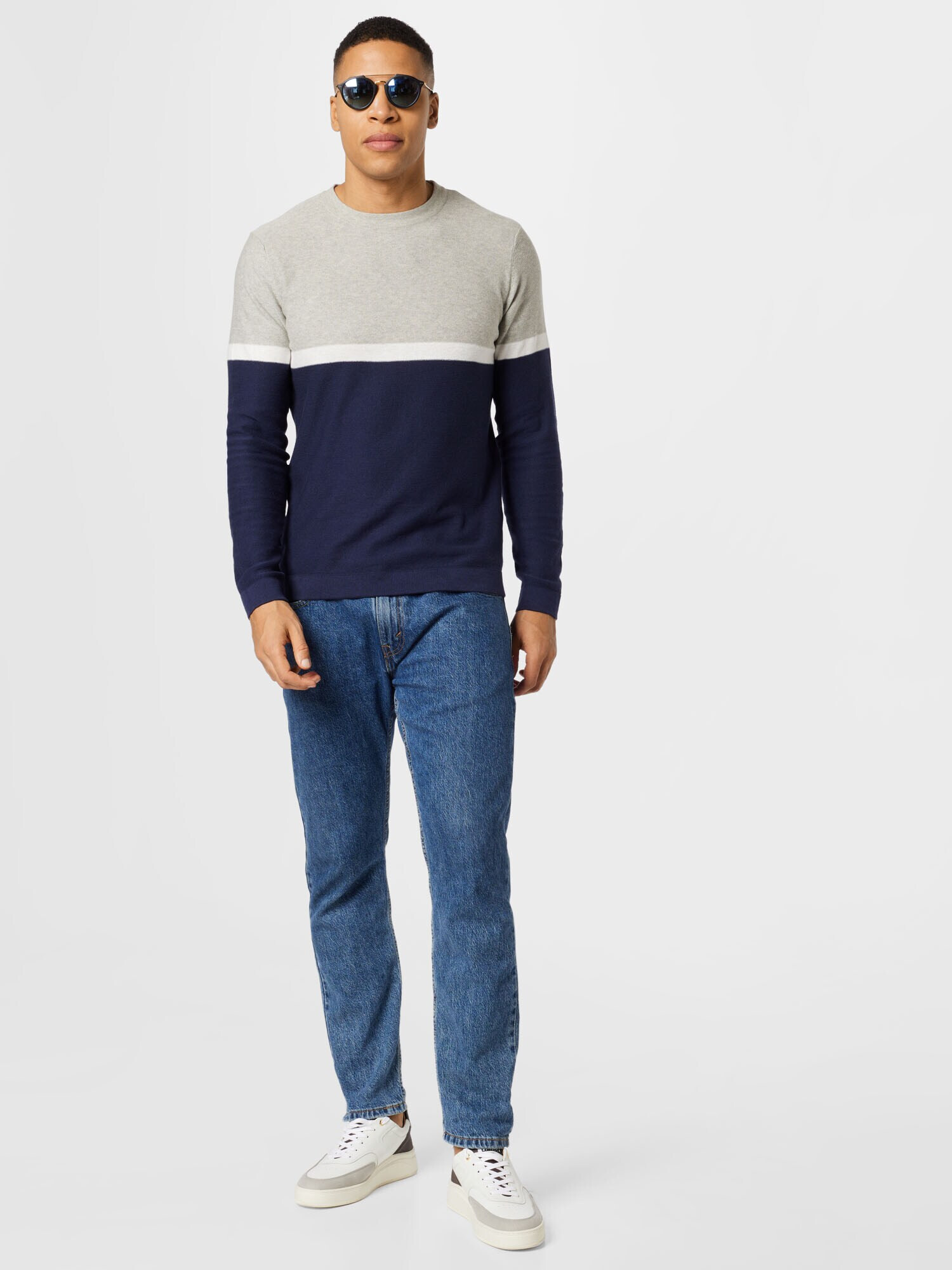 JACK & JONES Pulover bleumarin / gri deschis / alb - Pled.ro