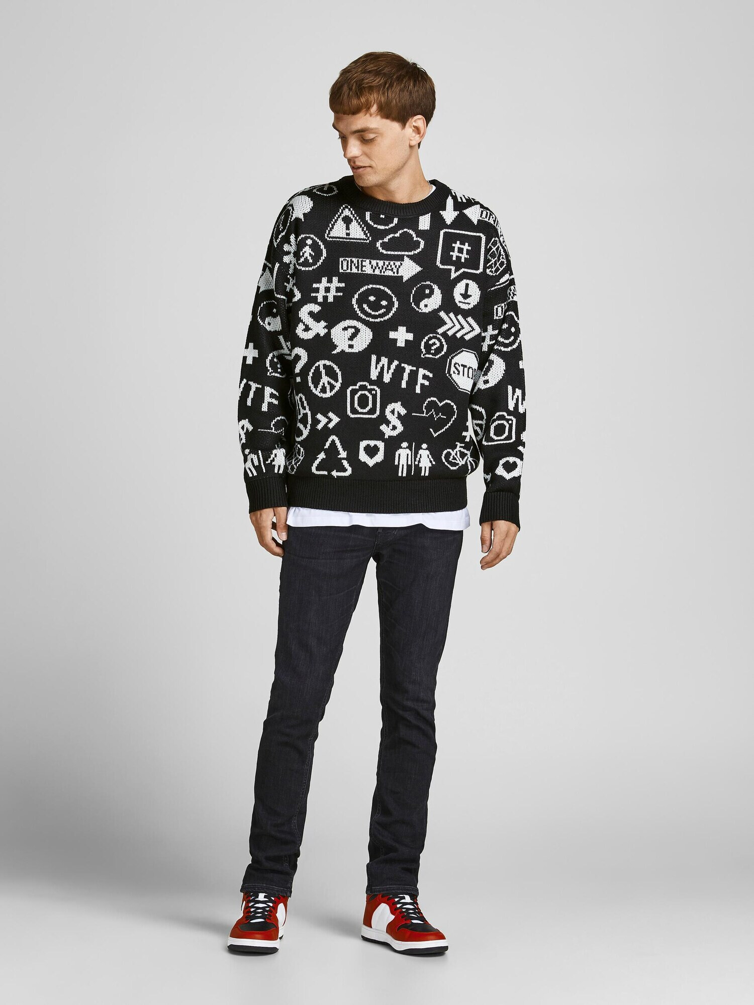 JACK & JONES Pulover 'INFO' negru / alb - Pled.ro