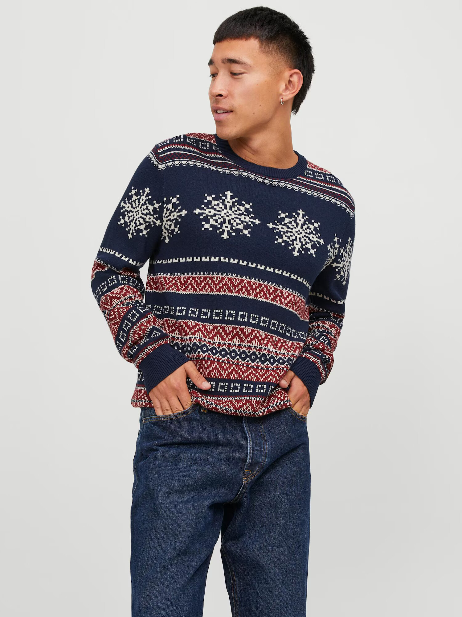 JACK & JONES Pulover 'SNOWBALL' bleumarin / roșu / alb - Pled.ro