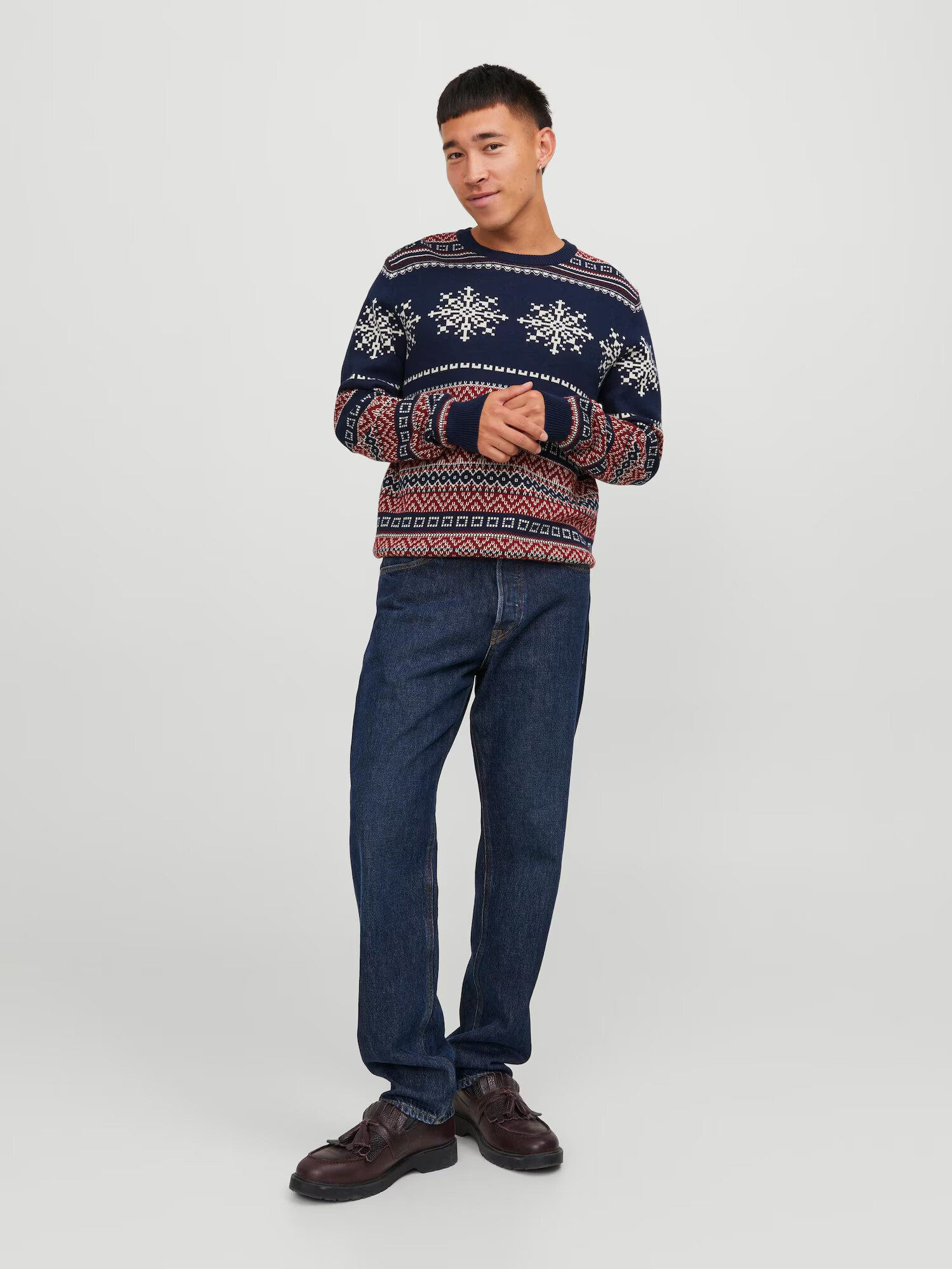 JACK & JONES Pulover 'SNOWBALL' bleumarin / roșu / alb - Pled.ro