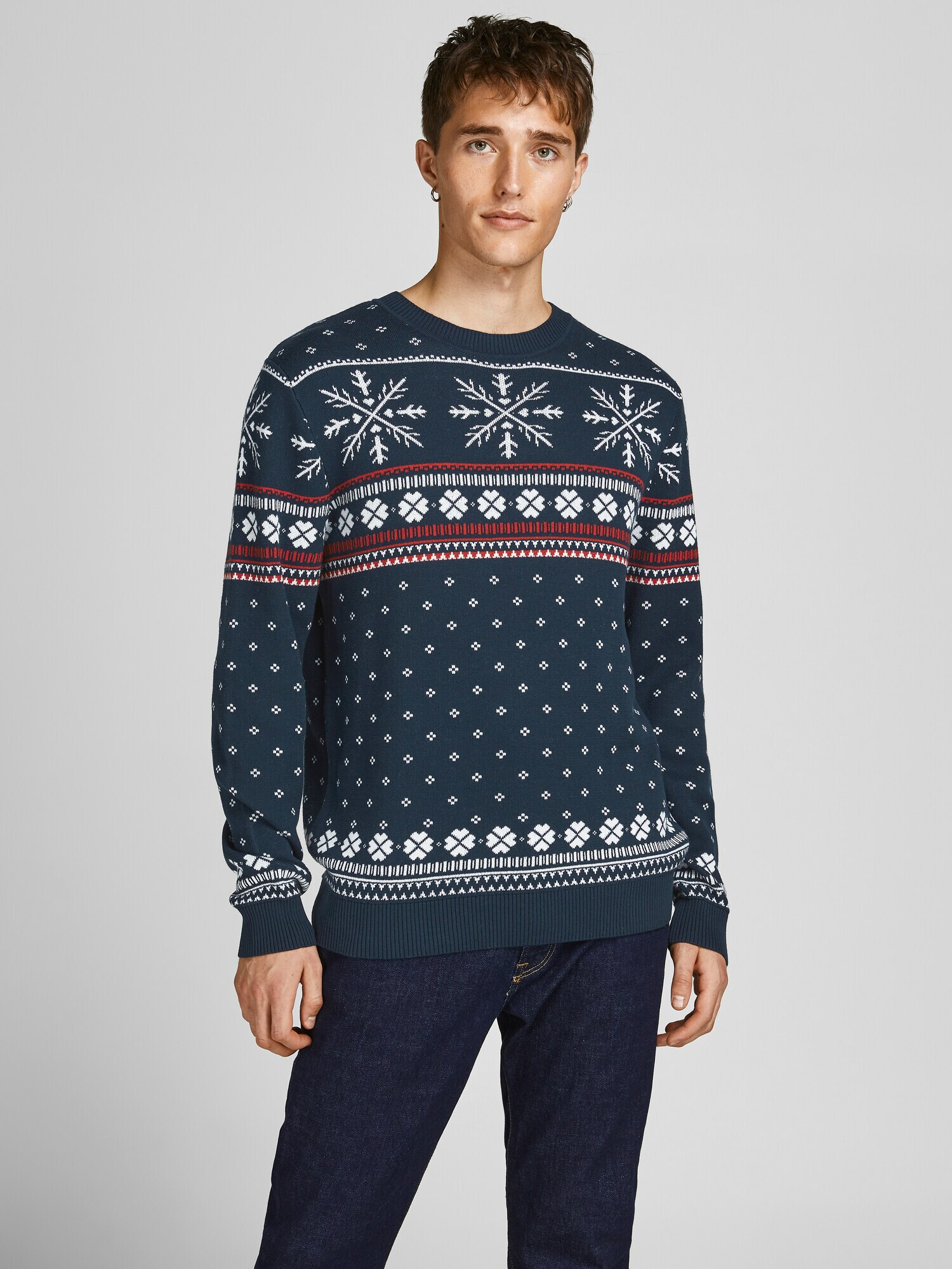 JACK & JONES Pulover 'Snowy' bleumarin / roșu / alb - Pled.ro