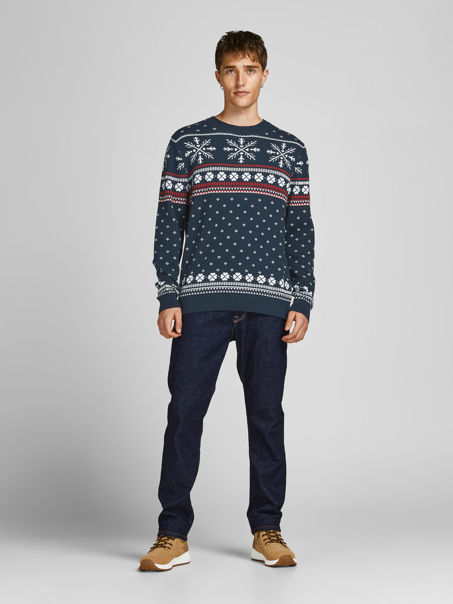 JACK & JONES Pulover 'Snowy' bleumarin / roșu / alb - Pled.ro