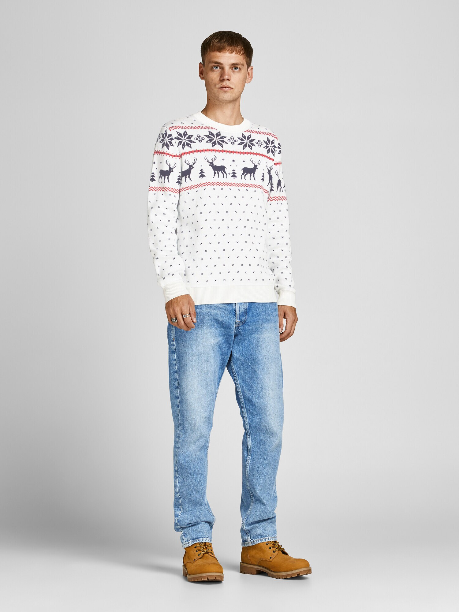 JACK & JONES Pulover 'Snowy' crem / albastru închis / roșu - Pled.ro