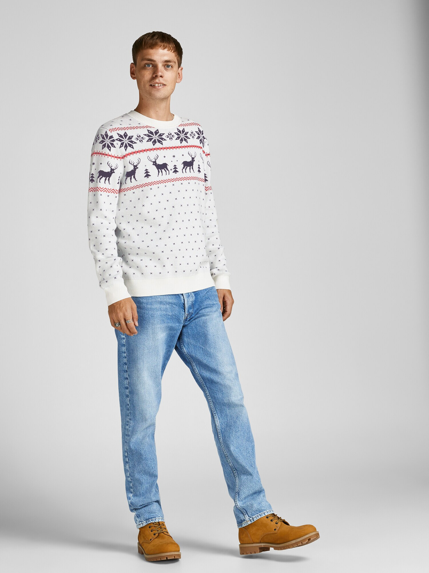 JACK & JONES Pulover 'Snowy' crem / albastru închis / roșu - Pled.ro