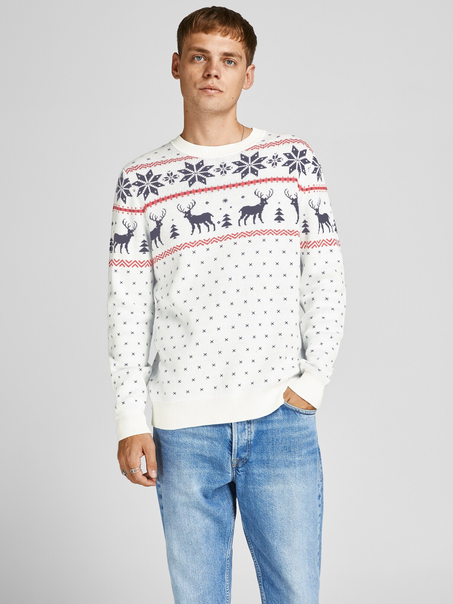 JACK & JONES Pulover 'Snowy' crem / albastru închis / roșu - Pled.ro