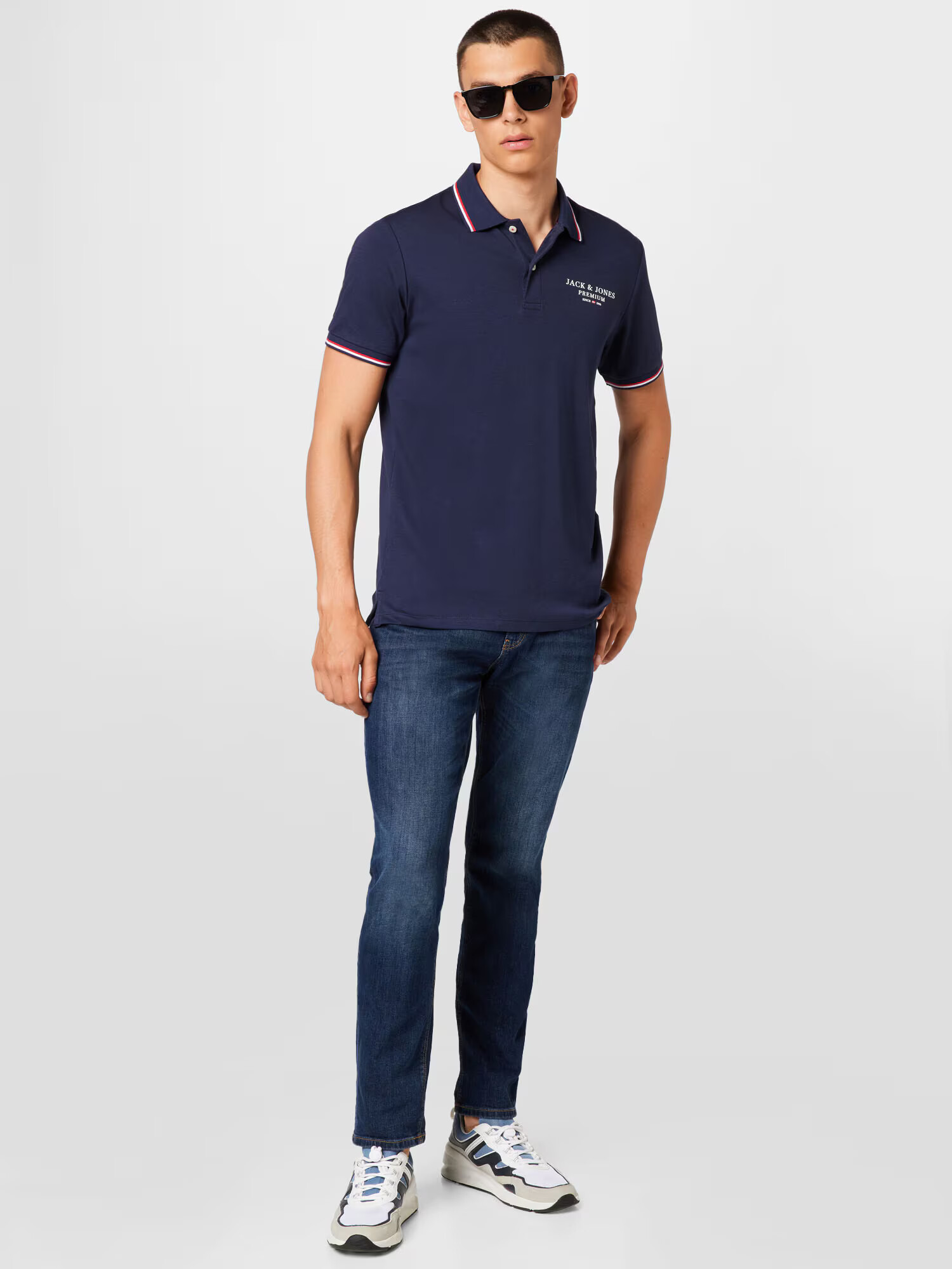 JACK & JONES Tricou 'ASTON' bleumarin / roșu intens / alb - Pled.ro