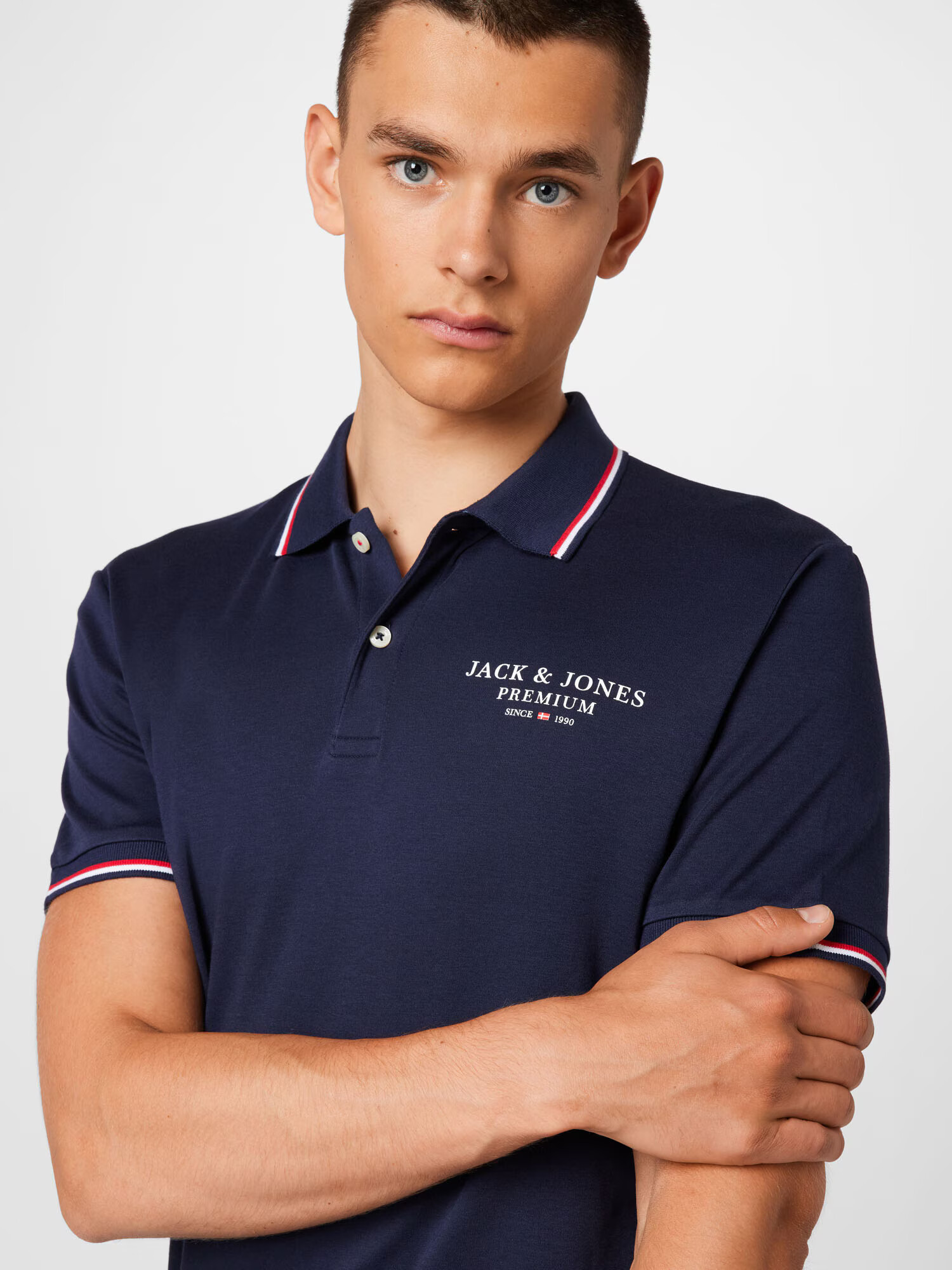 JACK & JONES Tricou 'ASTON' bleumarin / roșu intens / alb - Pled.ro