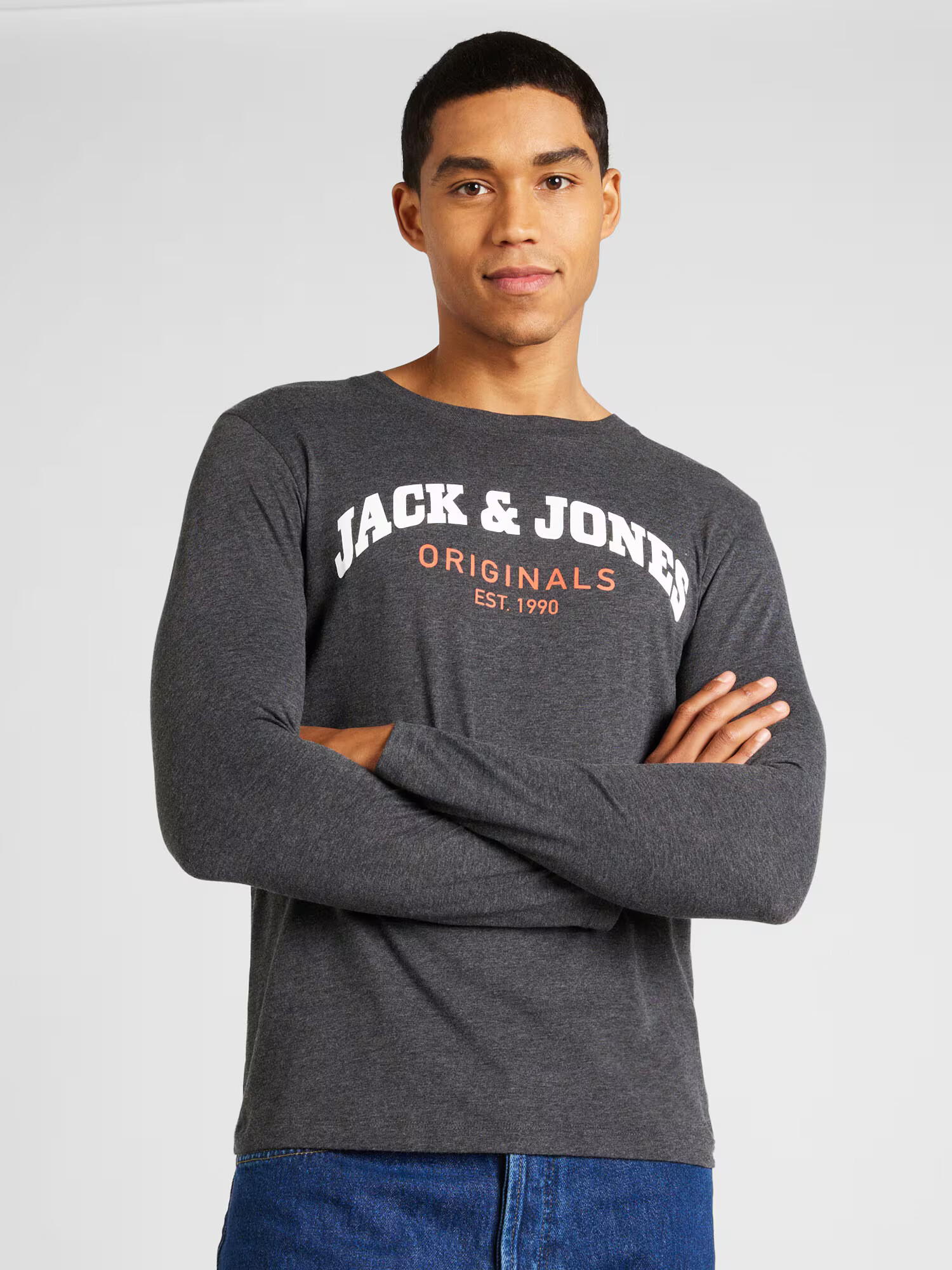 JACK & JONES Tricou 'BRAD' gri metalic / portocaliu închis / alb - Pled.ro