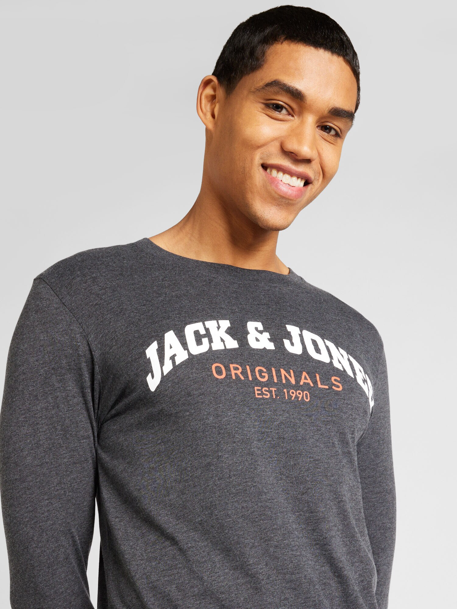 JACK & JONES Tricou 'BRAD' gri metalic / portocaliu închis / alb - Pled.ro