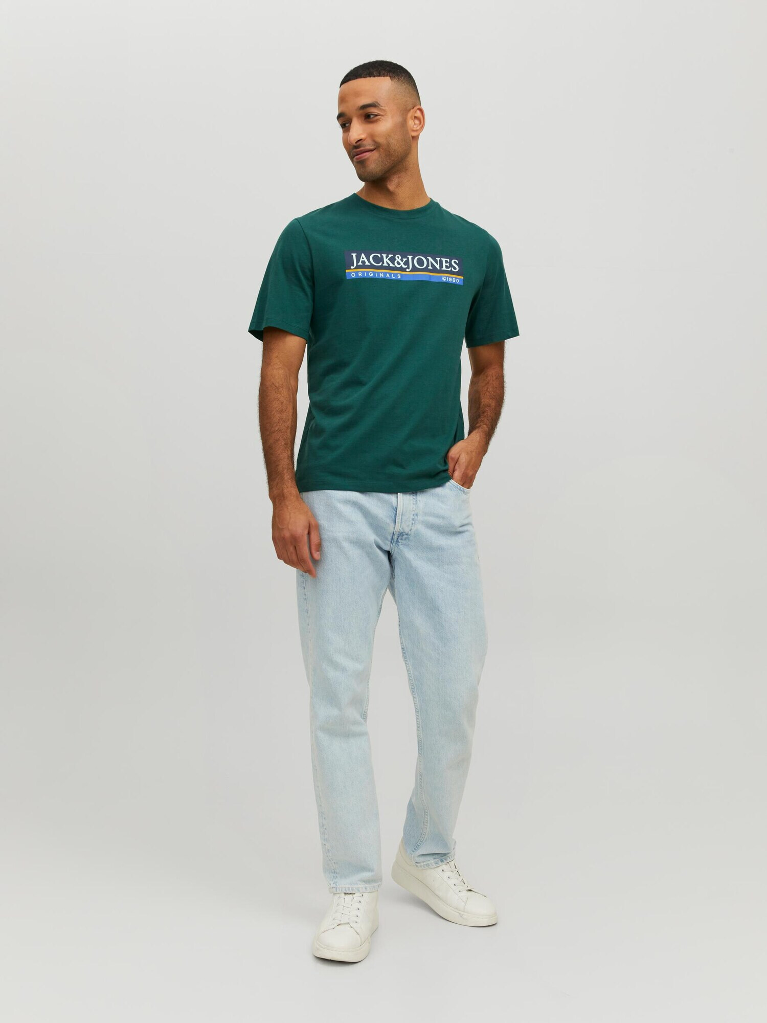 JACK & JONES Tricou 'Codyy' azuriu / verde smarald / alb - Pled.ro