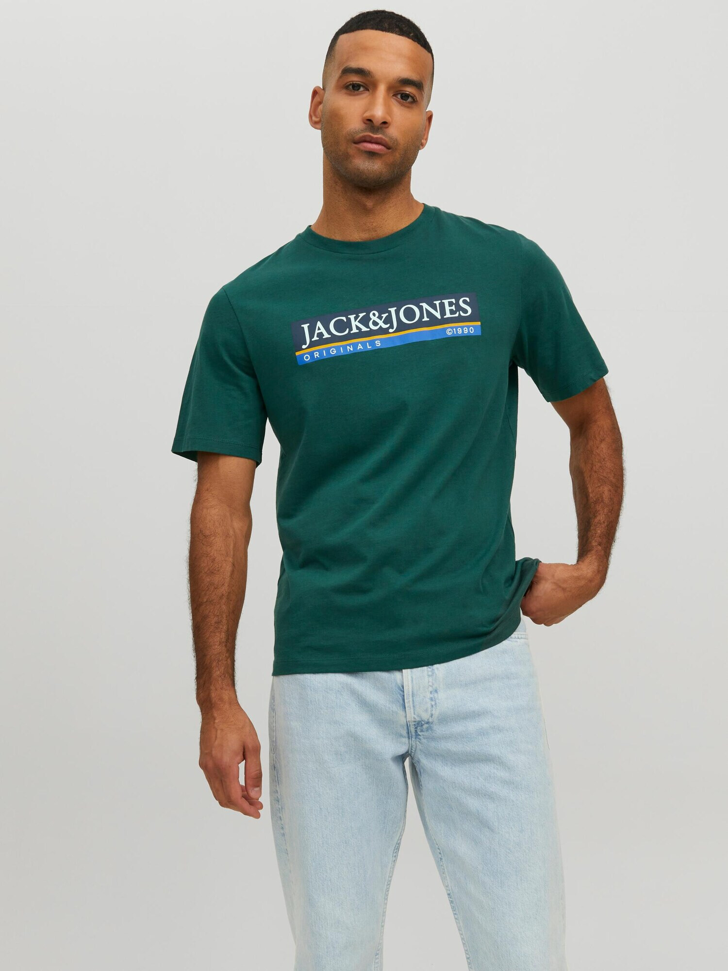 JACK & JONES Tricou 'Codyy' azuriu / verde smarald / alb - Pled.ro