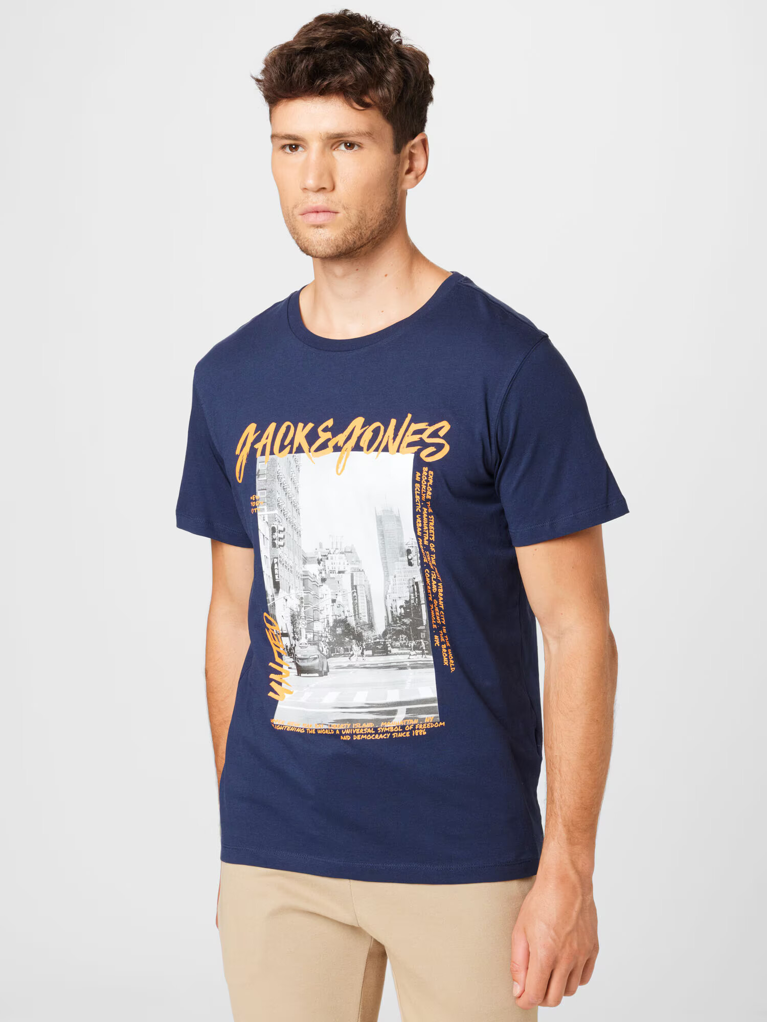 JACK & JONES Tricou 'CRAWL' bleumarin / gri / portocaliu / alb - Pled.ro