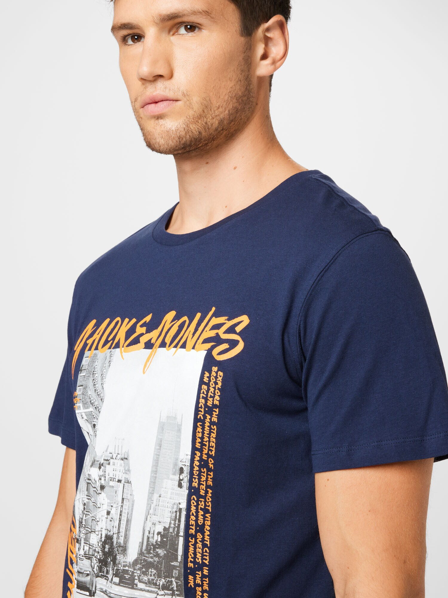 JACK & JONES Tricou 'CRAWL' bleumarin / gri / portocaliu / alb - Pled.ro