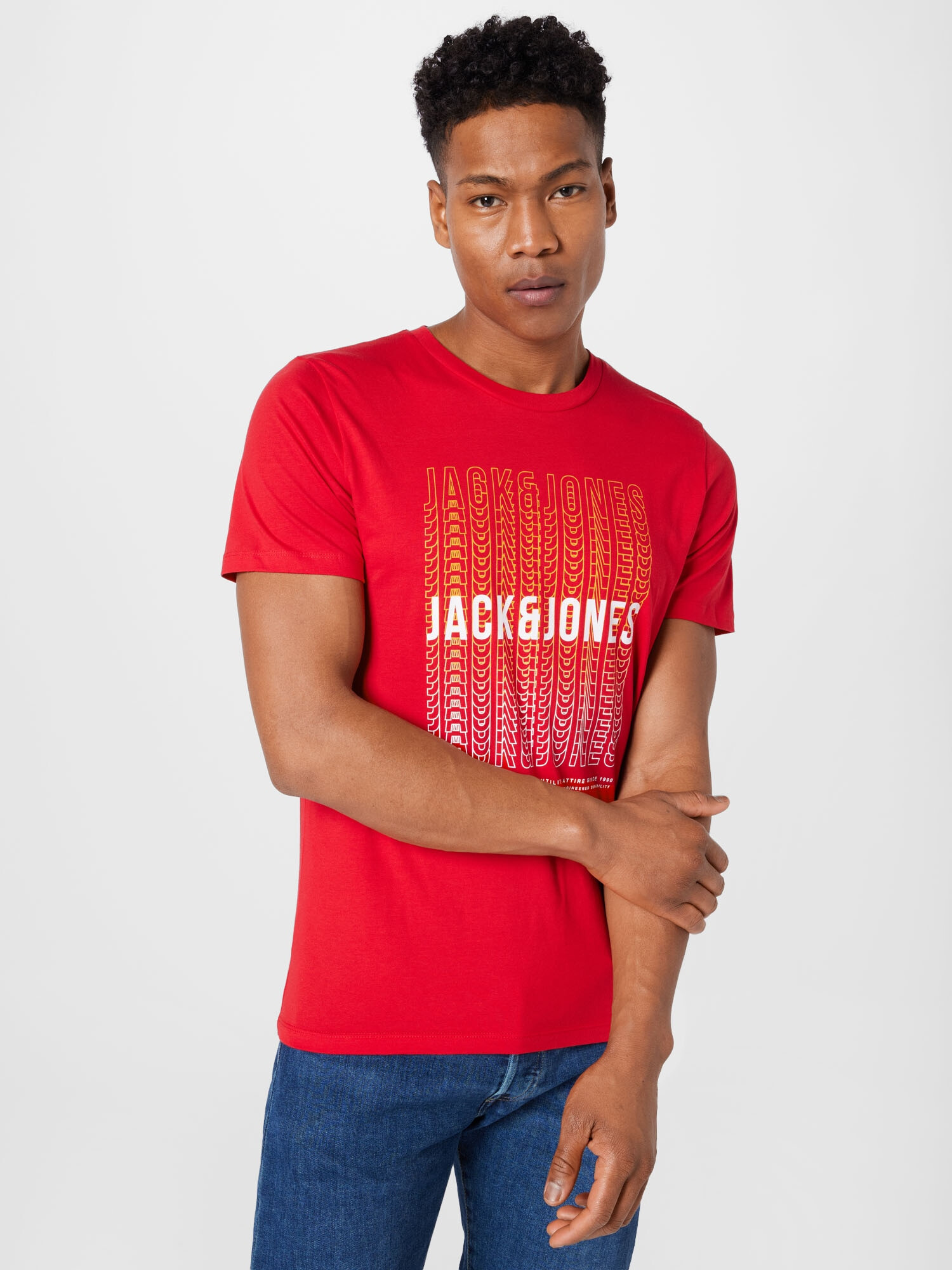 JACK & JONES Tricou 'CYBER' galben auriu / roși aprins / alb - Pled.ro