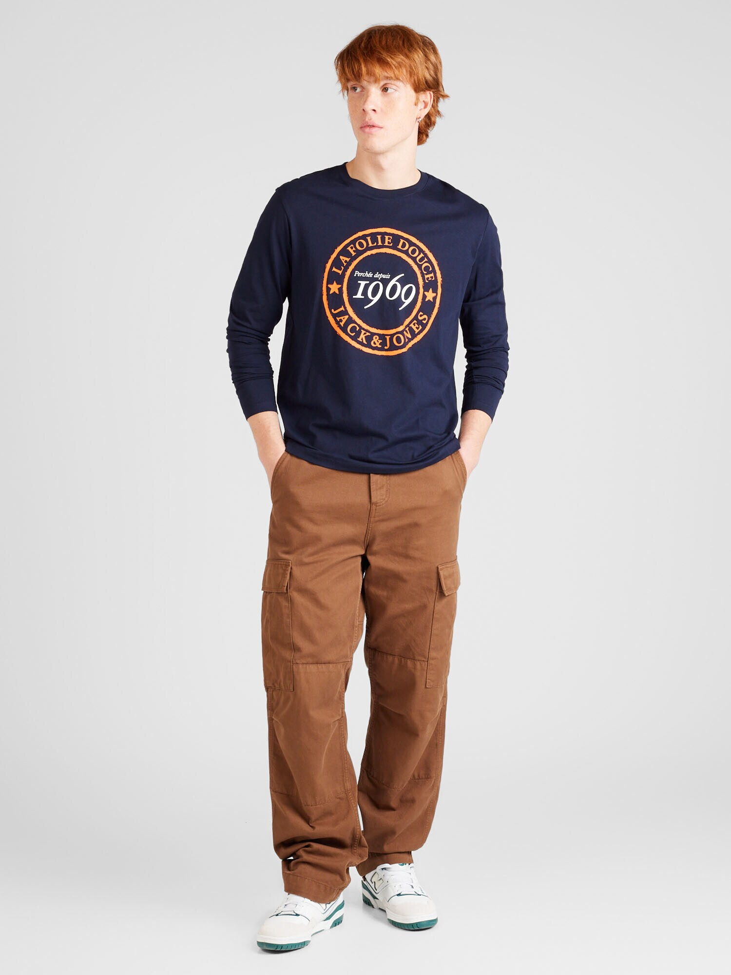 JACK & JONES Tricou 'DOUCE' bleumarin / portocaliu / alb murdar - Pled.ro