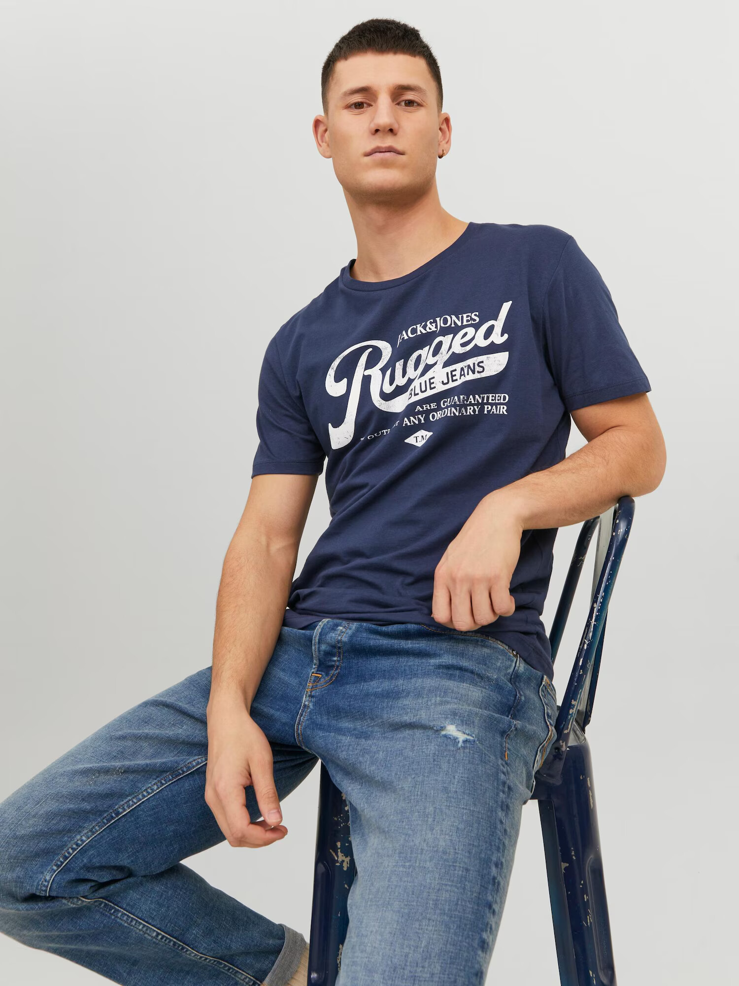 JACK & JONES Tricou 'JEANS' albastru noapte / alb - Pled.ro