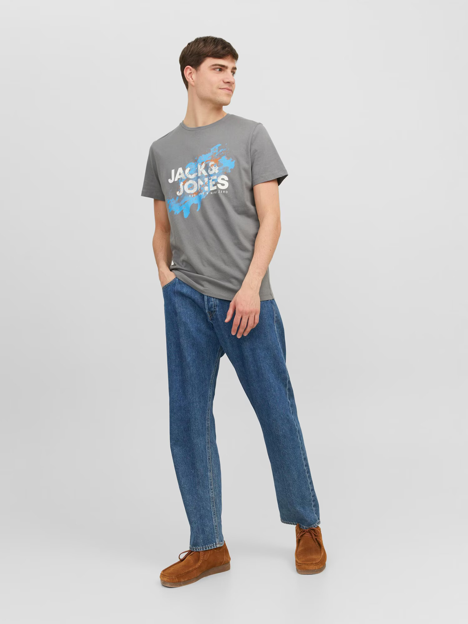 JACK & JONES Tricou 'Nelson' azur / gri / portocaliu deschis / alb - Pled.ro