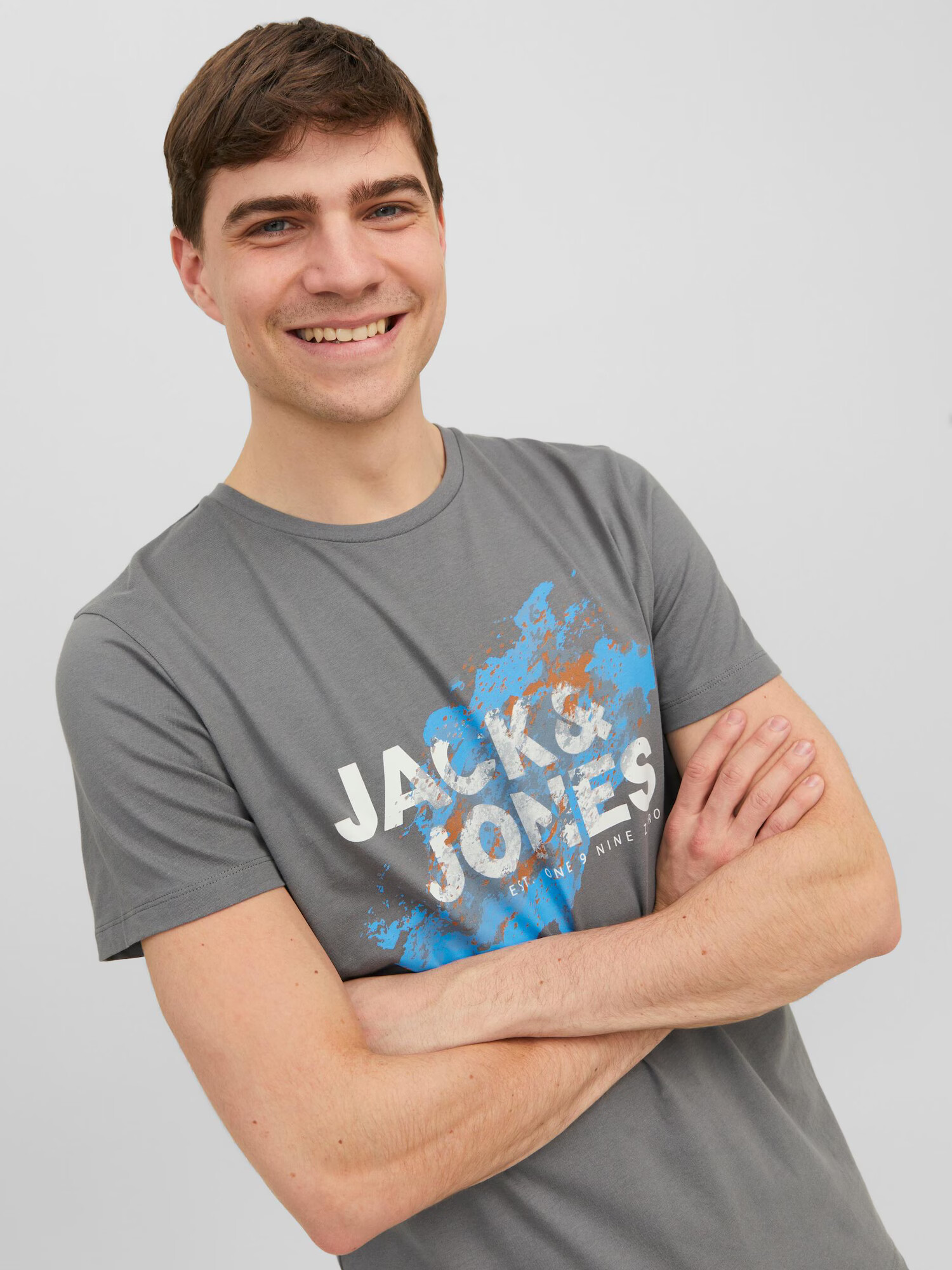 JACK & JONES Tricou 'Nelson' azur / gri / portocaliu deschis / alb - Pled.ro