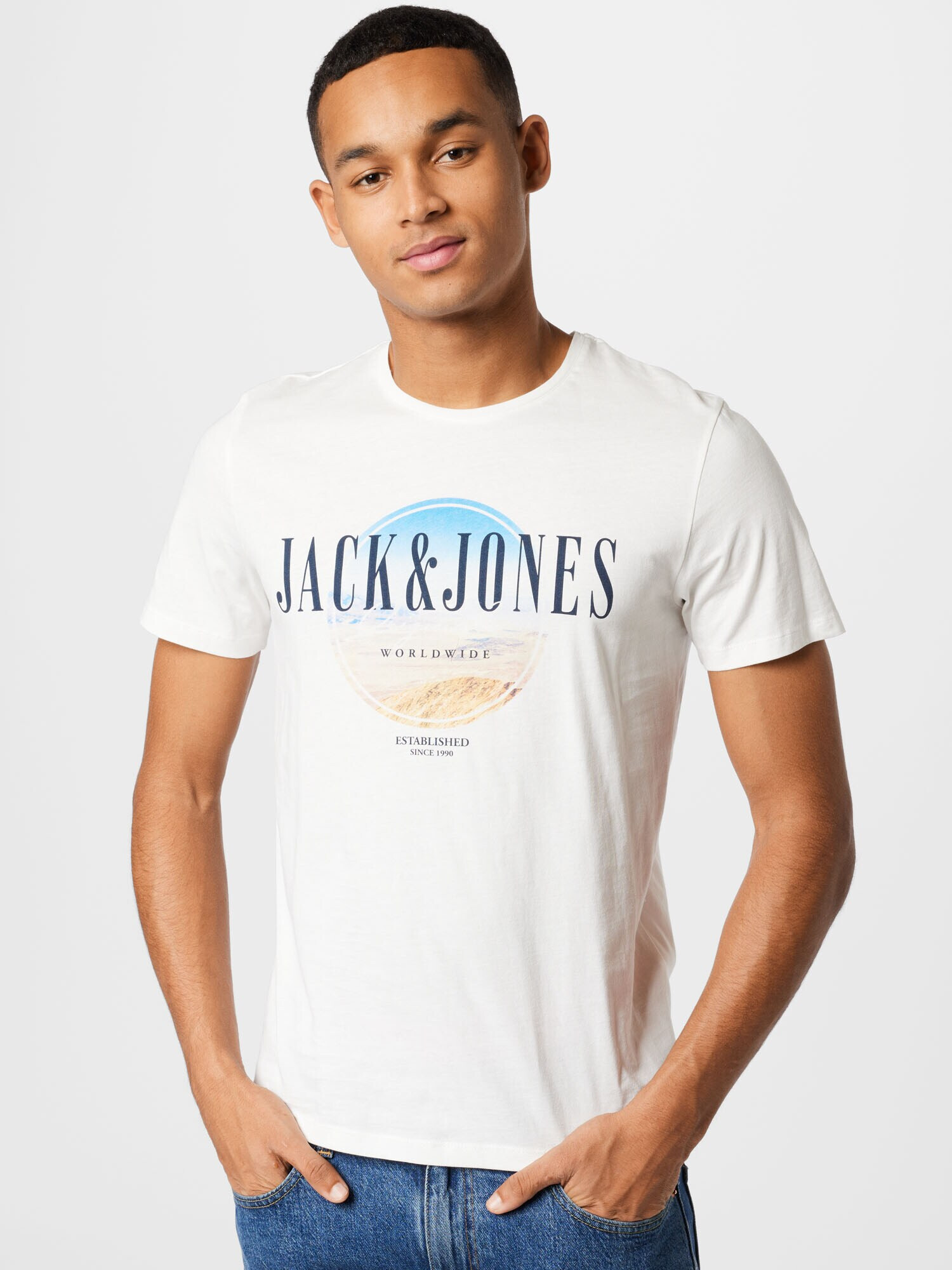 JACK & JONES Tricou 'Roadie' nisipiu / bleumarin / albastru deschis / alb - Pled.ro