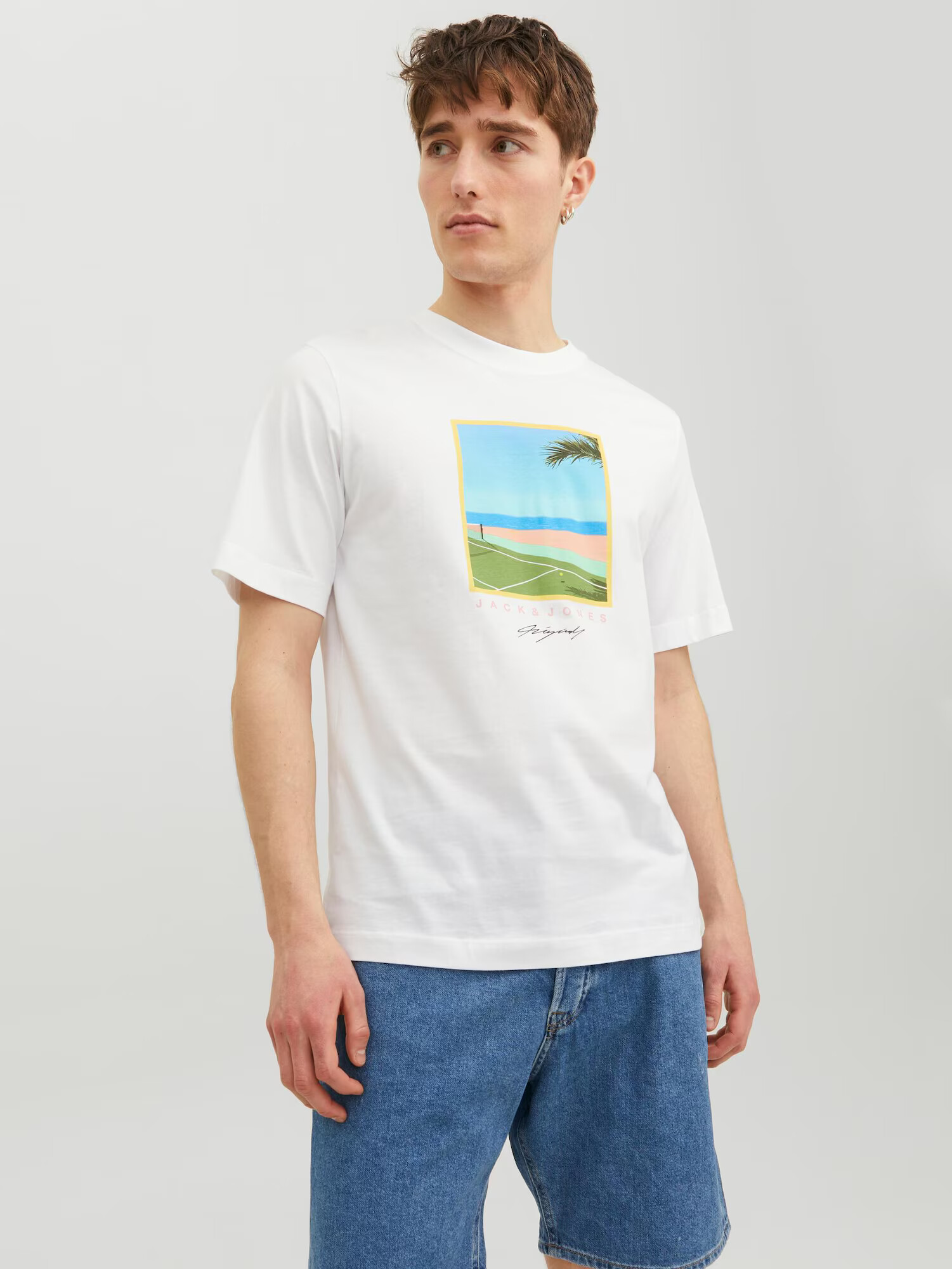 JACK & JONES Tricou 'TULUM LANDSCAPE' albastru aqua / verde / portocaliu piersică / alb - Pled.ro