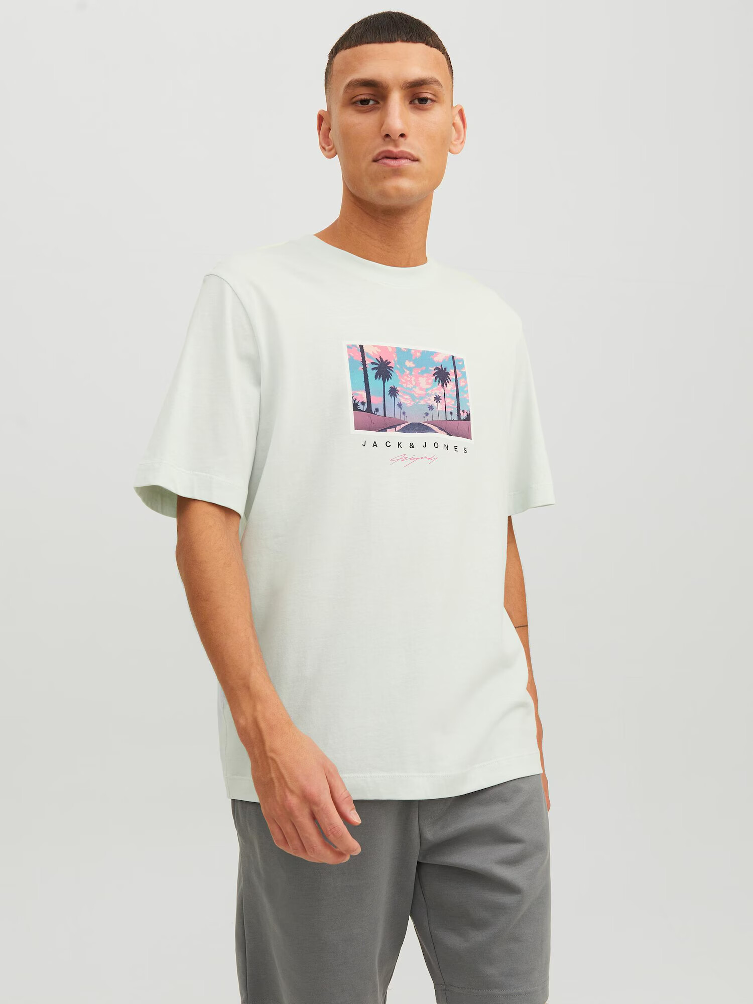 JACK & JONES Tricou 'TULUM LANDSCAPE' albastru pastel / mov închis / roz deschis / negru - Pled.ro