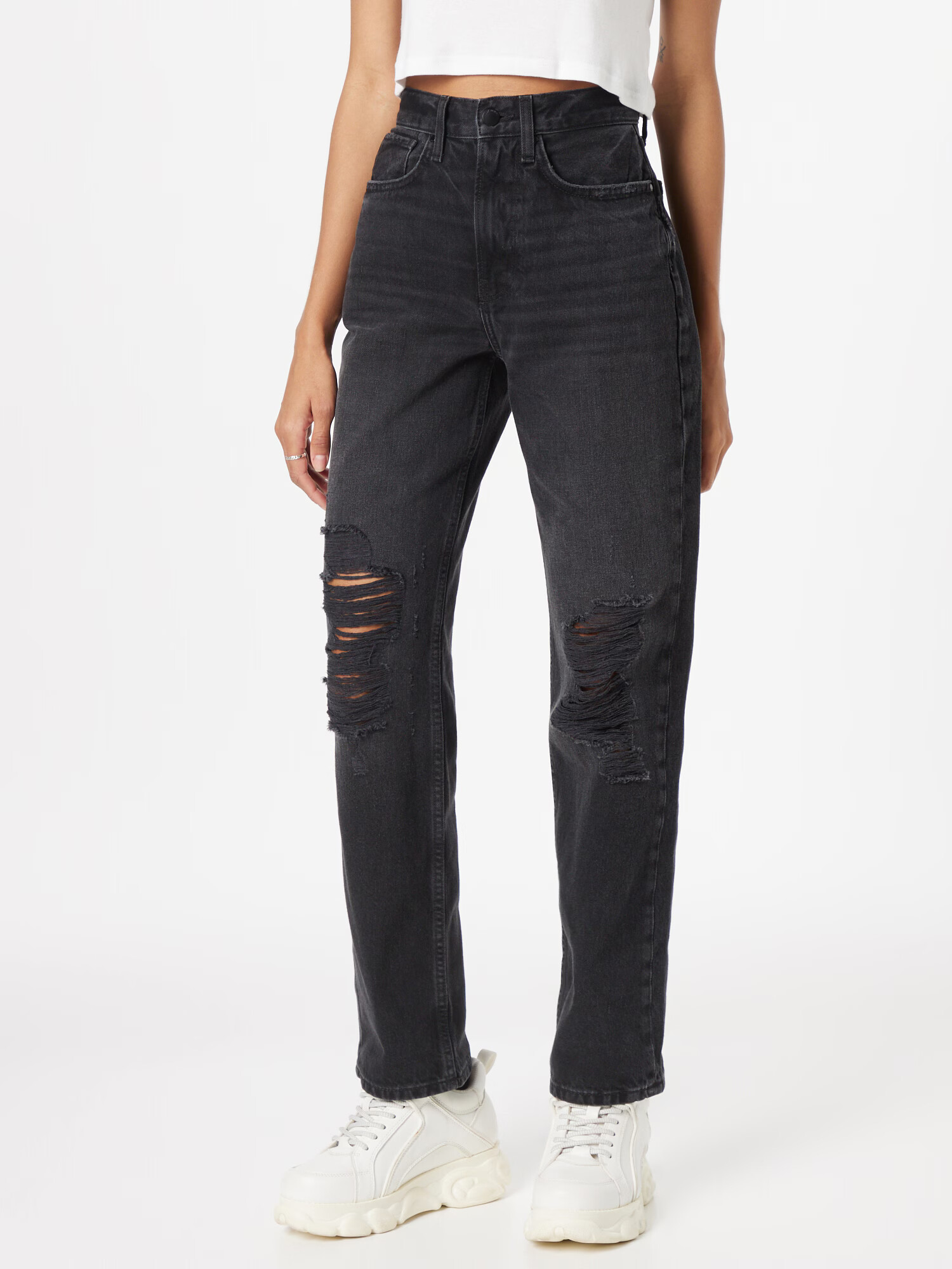 JDY Jeans 'VANJA HW BOYF.DES. ZIP BLK DNM' negru denim - Pled.ro