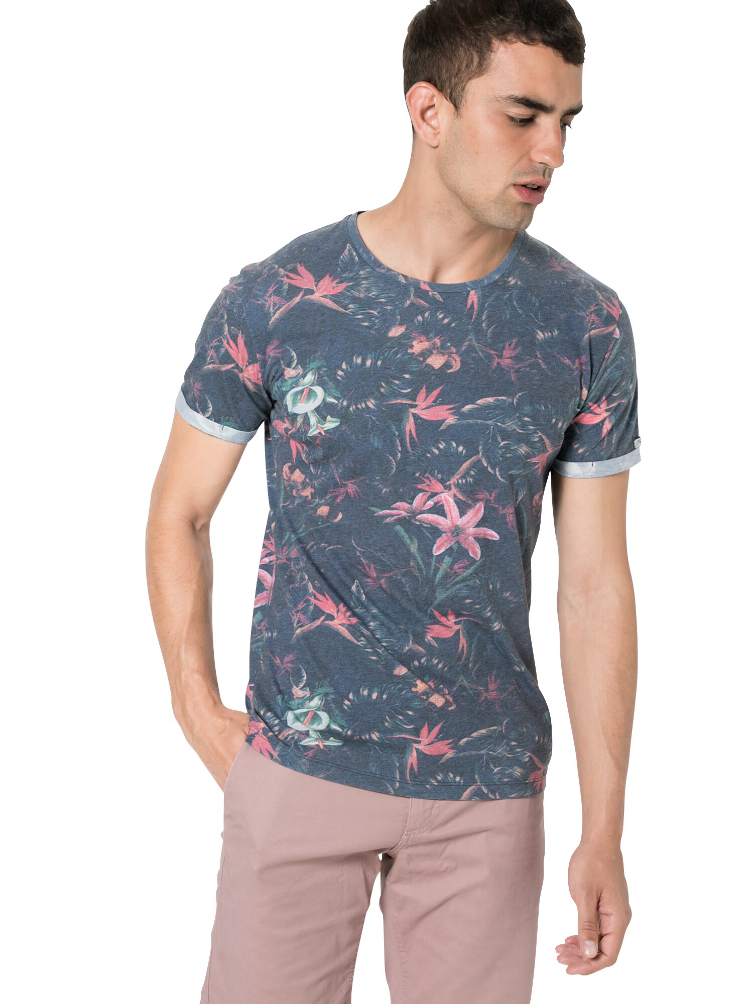 Key Largo Tricou 'MT JUNGLE round' albastru fumuriu / roz - Pled.ro