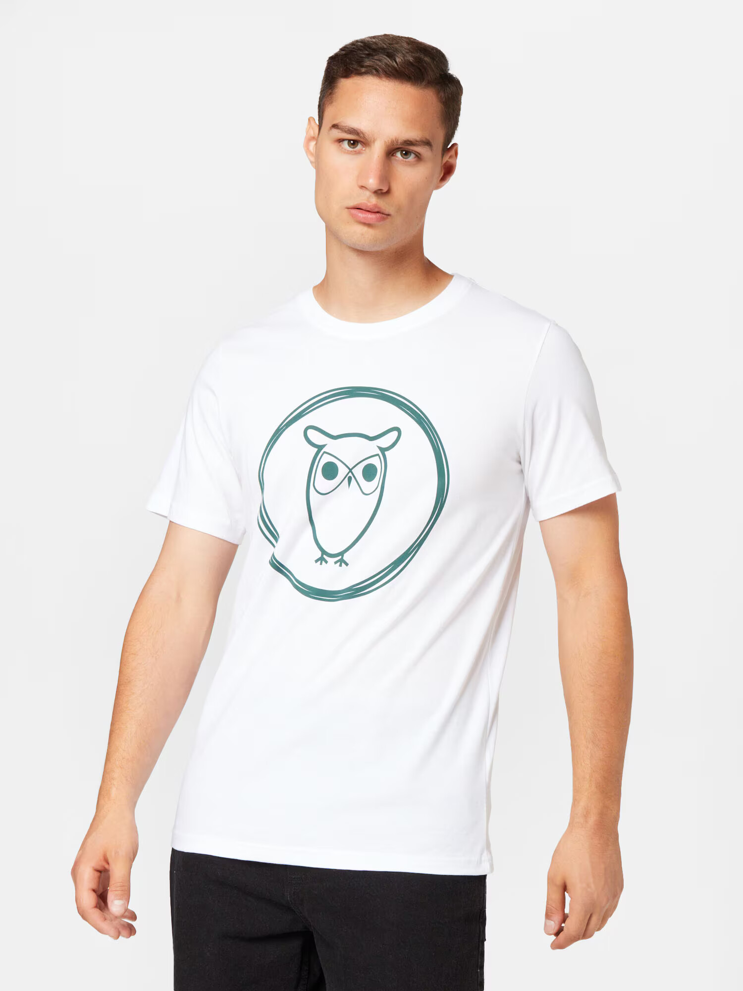 KnowledgeCotton Apparel Tricou 'Owl' verde smarald / alb - Pled.ro