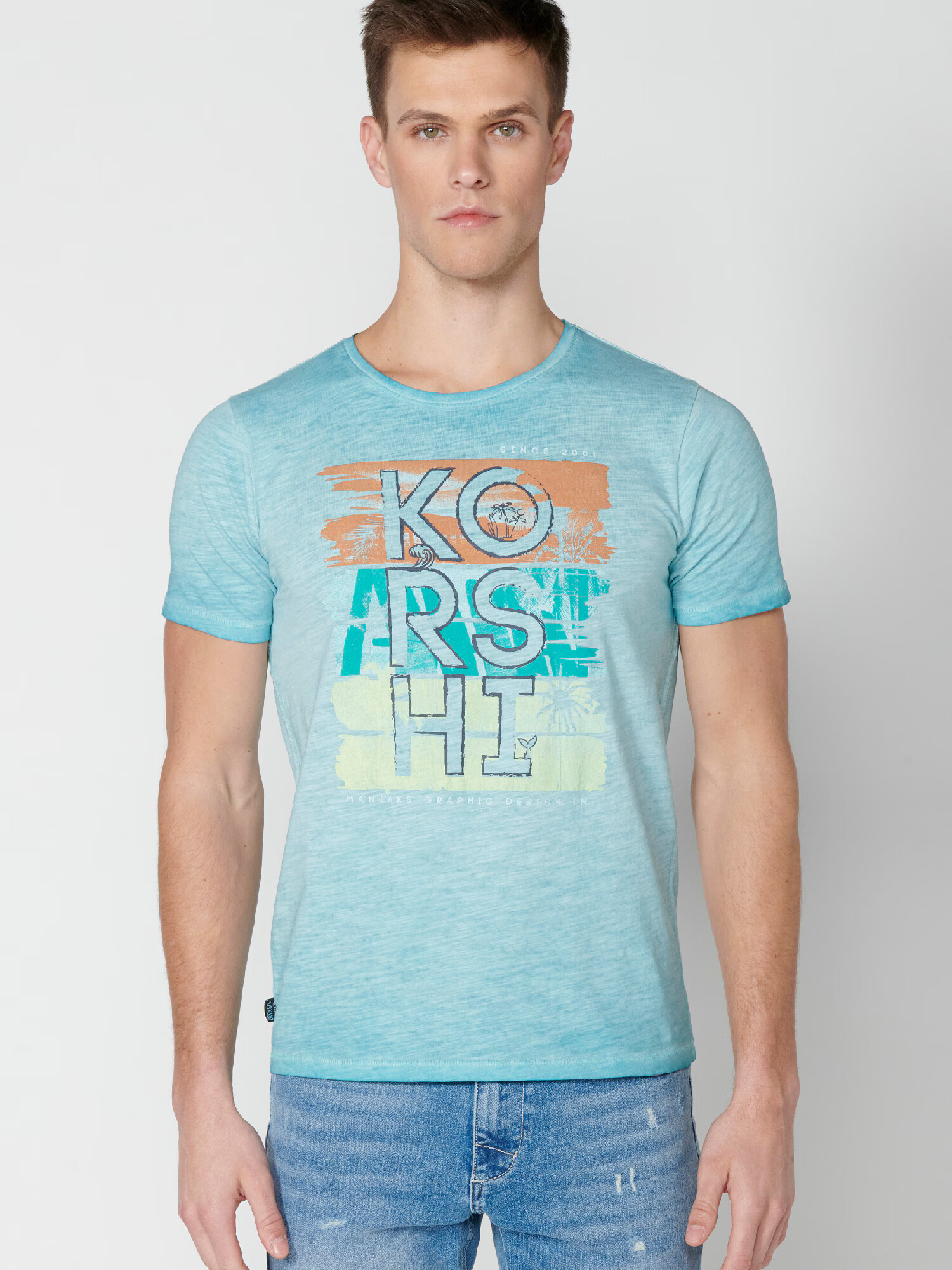 KOROSHI Tricou cyan / maro deschis / galben / alb - Pled.ro